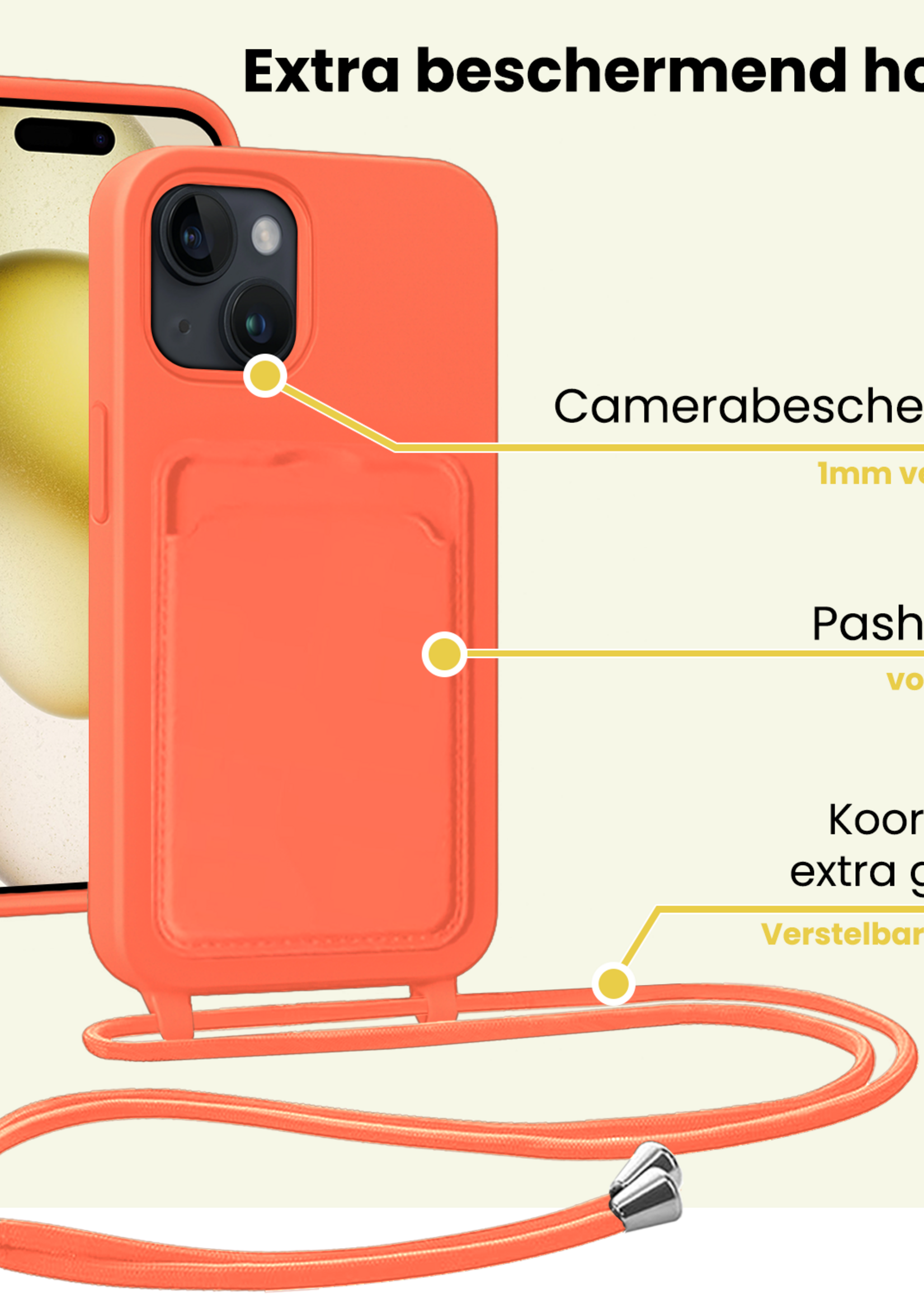 LUQ LUQ iPhone 14 Pro Max Hoesje Pashouder met Koord Met 2x Screenprotector - Papaya