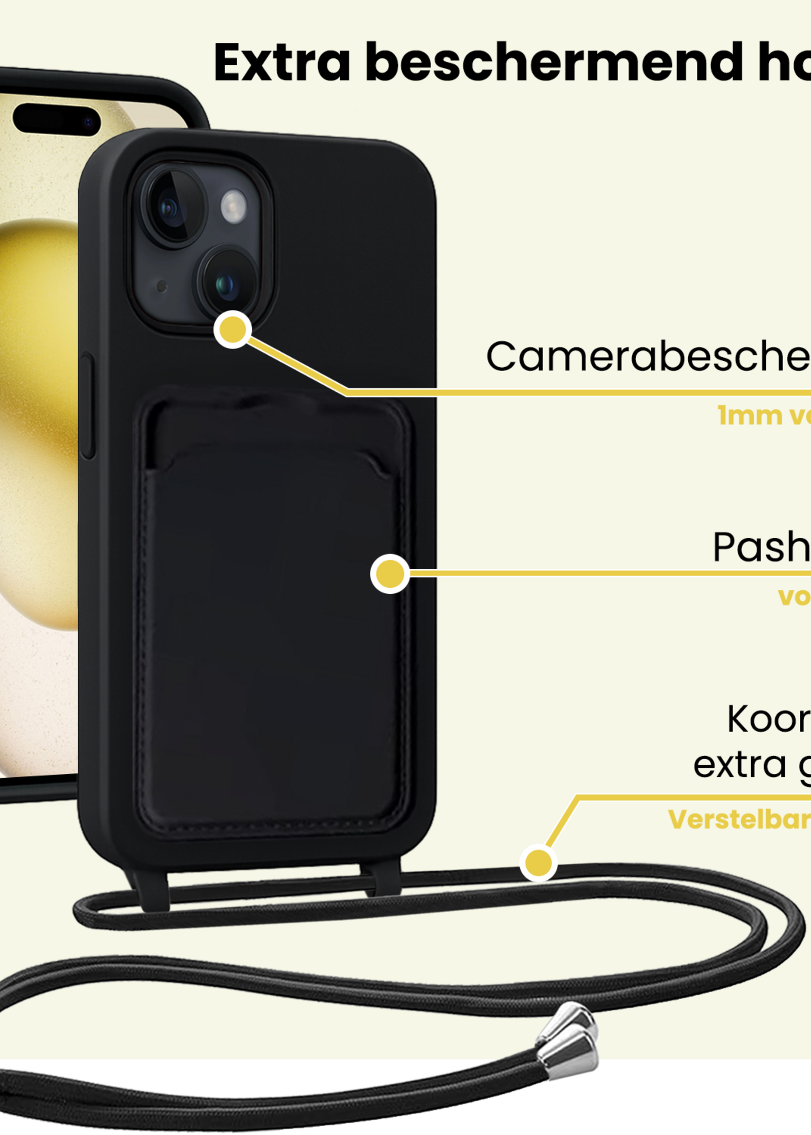 LUQ LUQ iPhone 14 Pro Max Hoesje Pashouder met Koord Met Screenprotector - Zwart