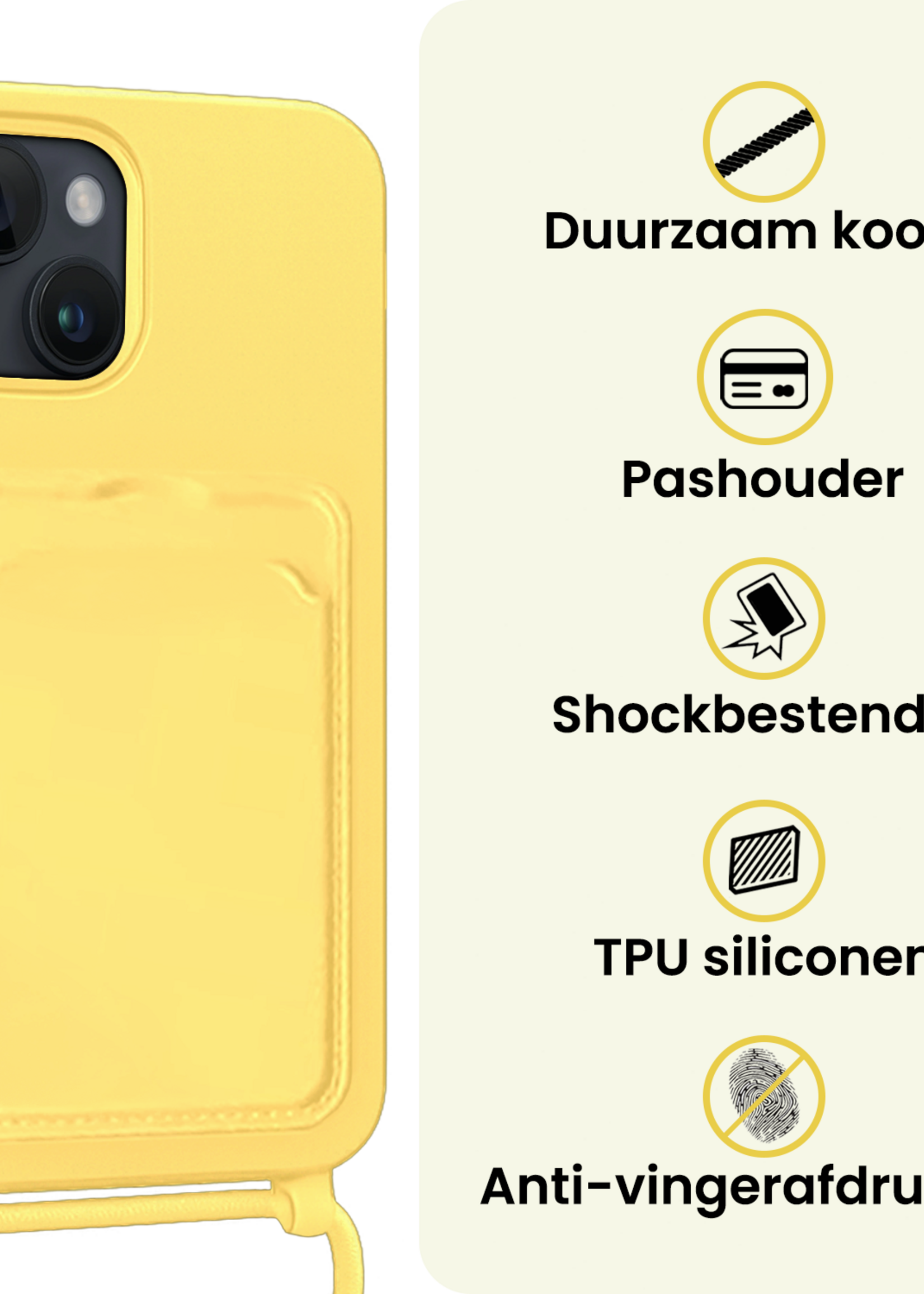 LUQ LUQ iPhone 14 Pro Max Hoesje Pashouder met Koord Met 2x Screenprotector - Geel