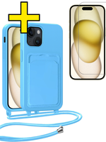 LUQ LUQ iPhone 14 Pro Max Hoesje Pashouder met Koord Met Screenprotector - Lichtblauw