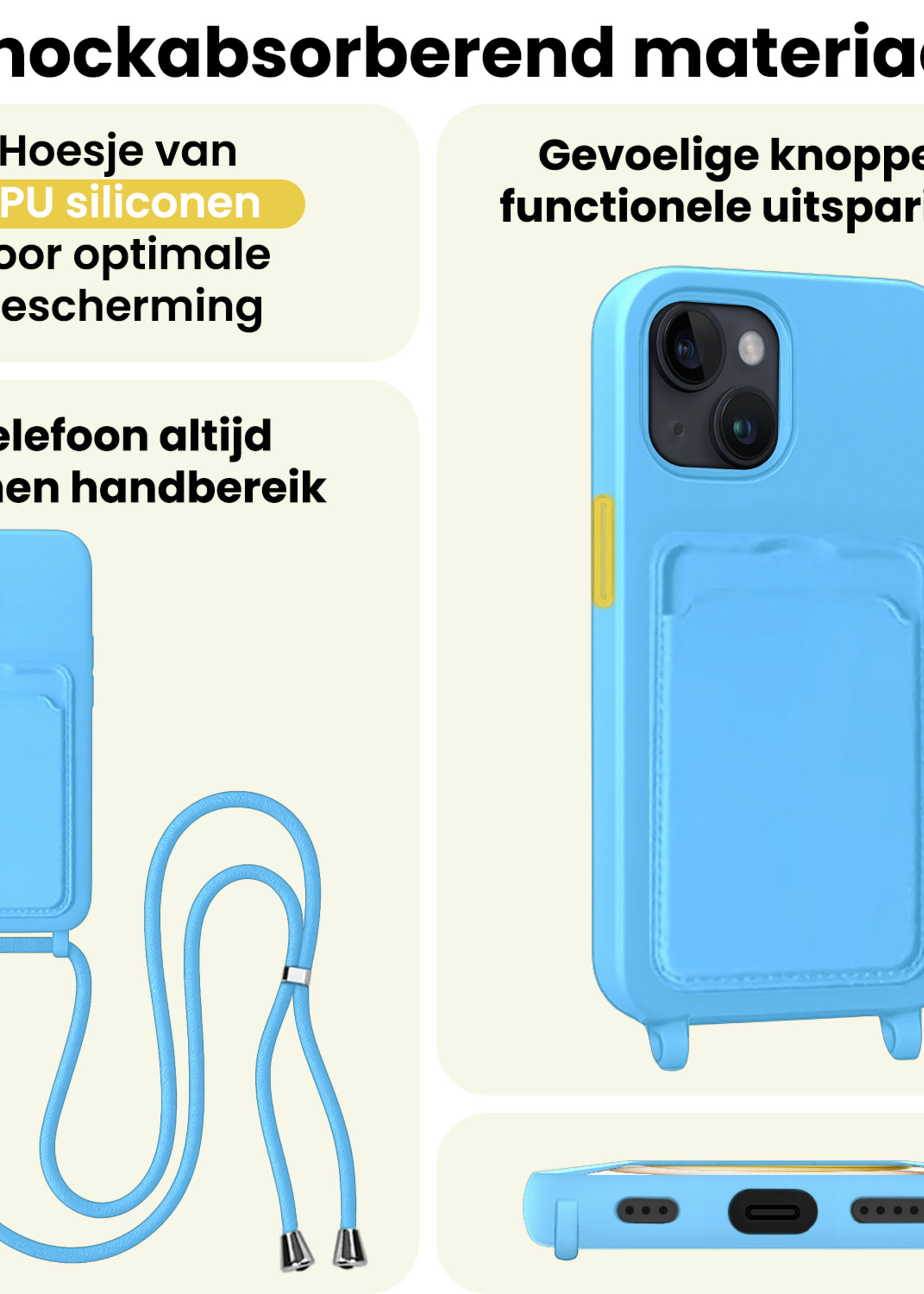 LUQ LUQ iPhone 14 Pro Max Hoesje Pashouder met Koord Met Screenprotector - Lichtblauw