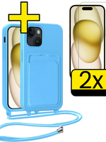 LUQ LUQ iPhone 14 Pro Max Hoesje Pashouder met Koord Met 2x Screenprotector - Lichtblauw