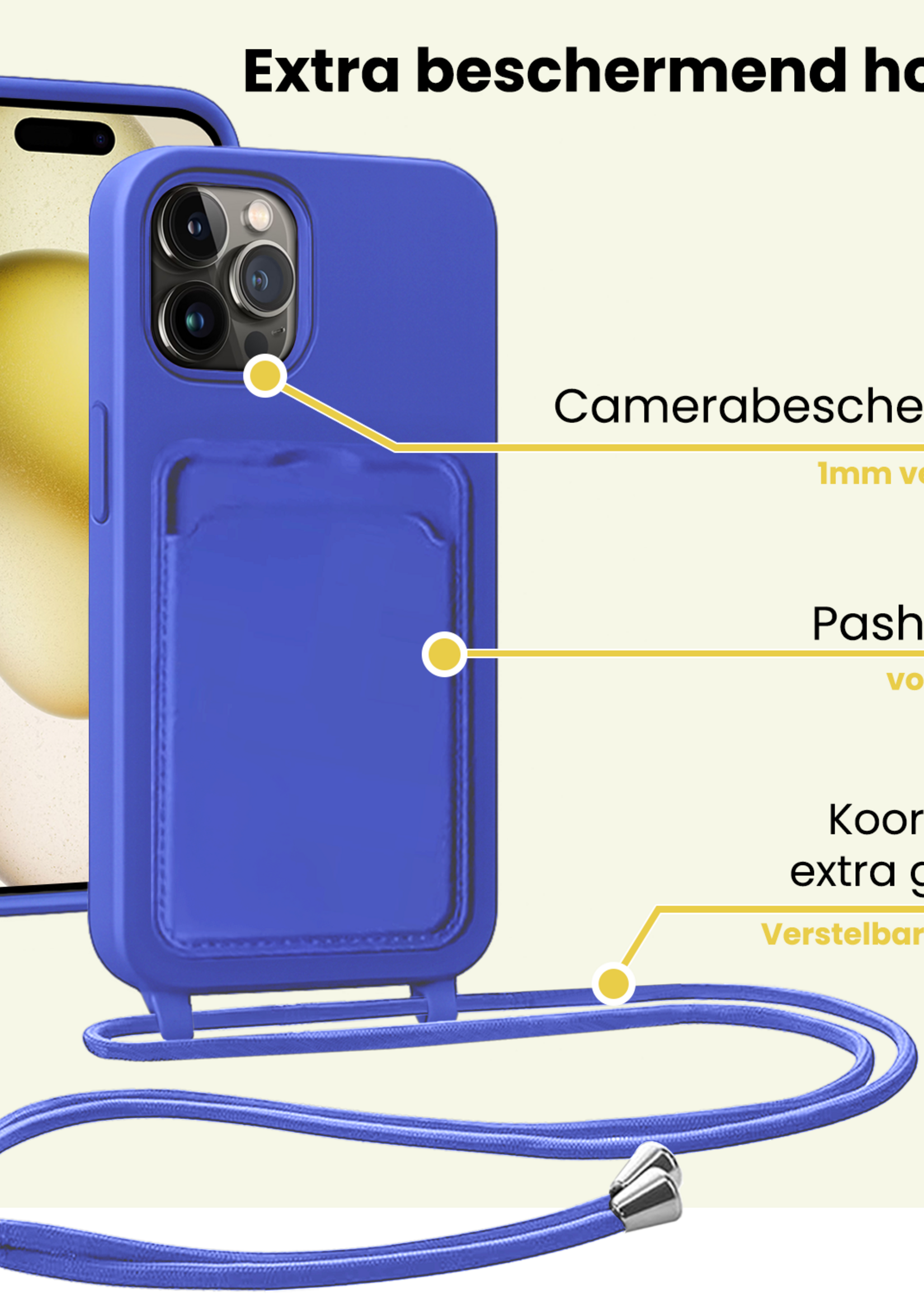 LUQ LUQ iPhone 14 Pro Hoesje Pashouder met Koord Met Screenprotector - Fel Blauw