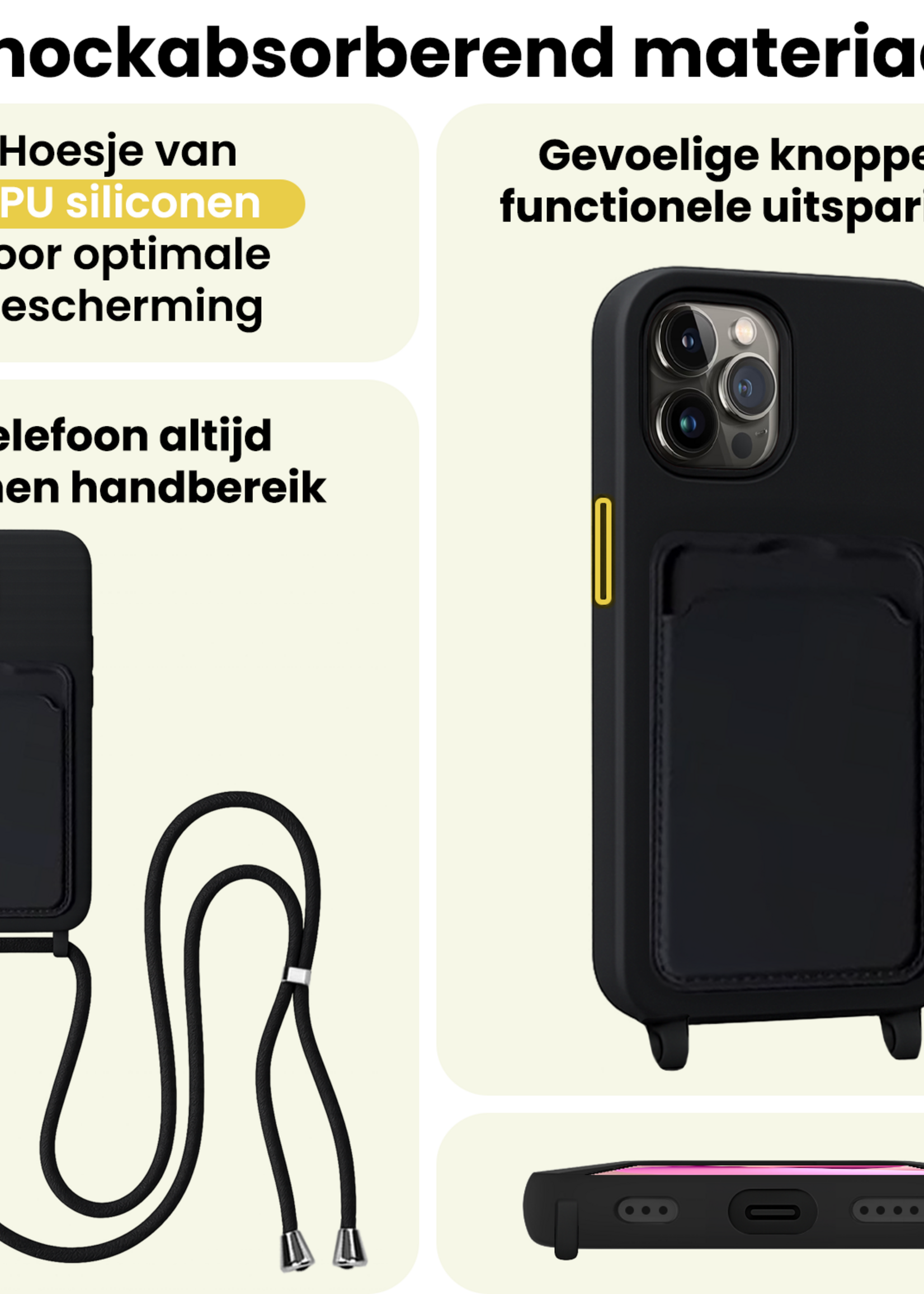 LUQ LUQ iPhone 13 Pro Max Hoesje Pashouder met Koord Met 2x Screenprotector - Zwart