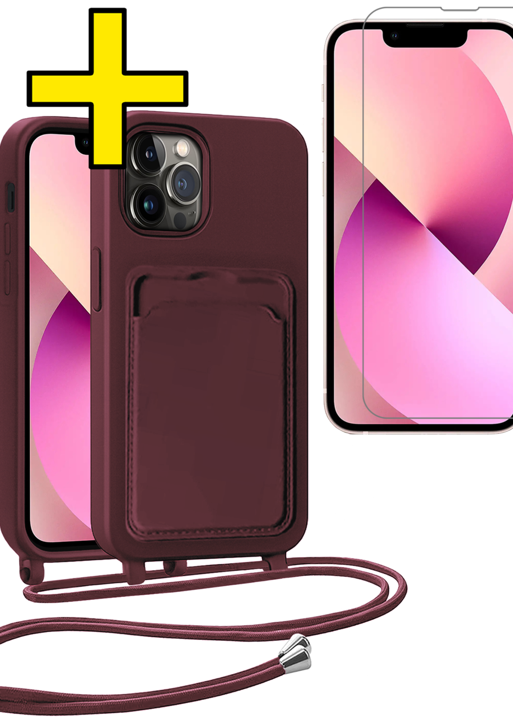 LUQ LUQ iPhone 13 Pro Max Hoesje Pashouder met Koord Met 2x Screenprotector - Aubergine
