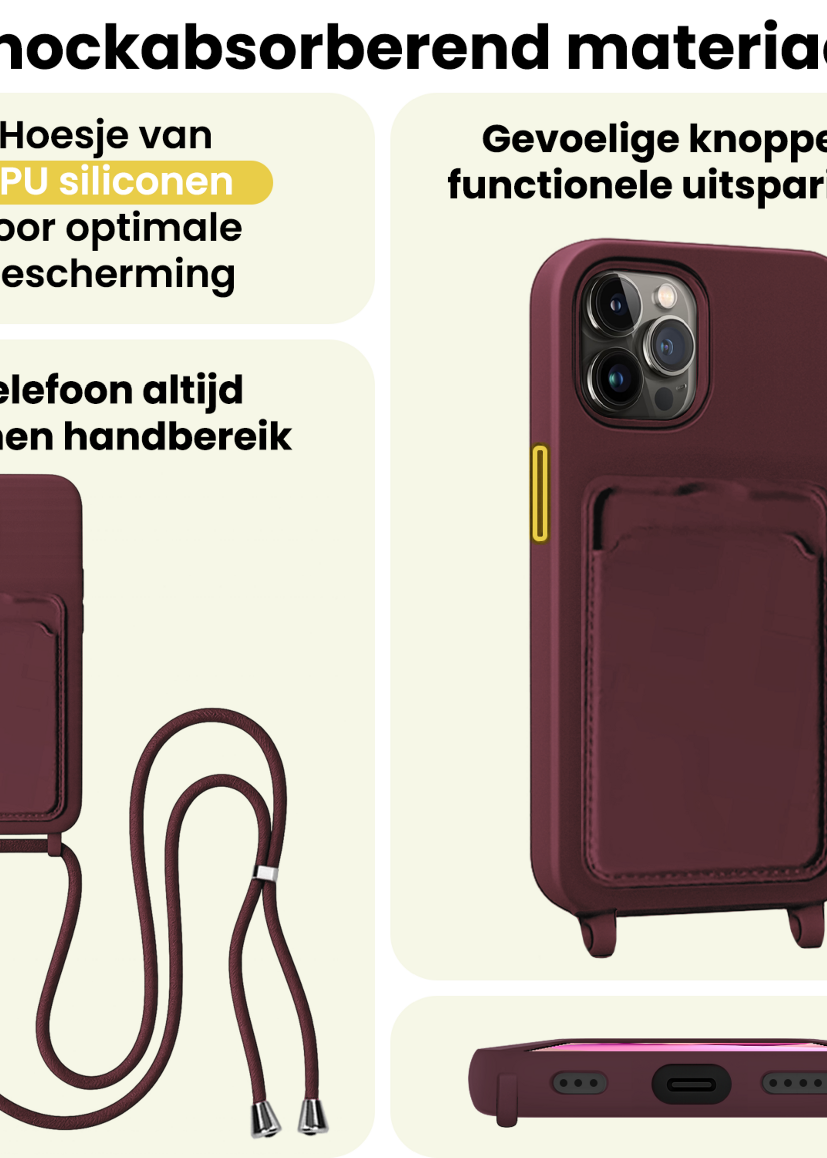 LUQ LUQ iPhone 13 Pro Hoesje Pashouder met Koord - Aubergine - 2 PACK