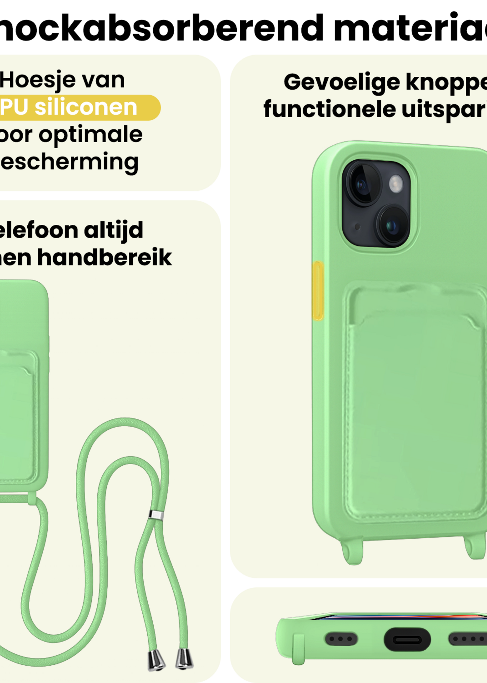 LUQ LUQ iPhone 13 Hoesje Pashouder met Koord Met 2x Screenprotector - Groen
