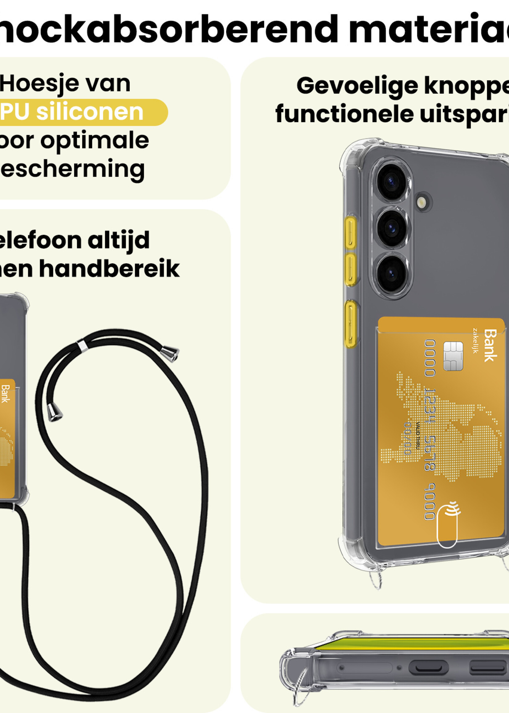LUQ LUQ Samsung Galaxy S25 FE Hoesje Pashouder met Koord Met 2x Screenprotector