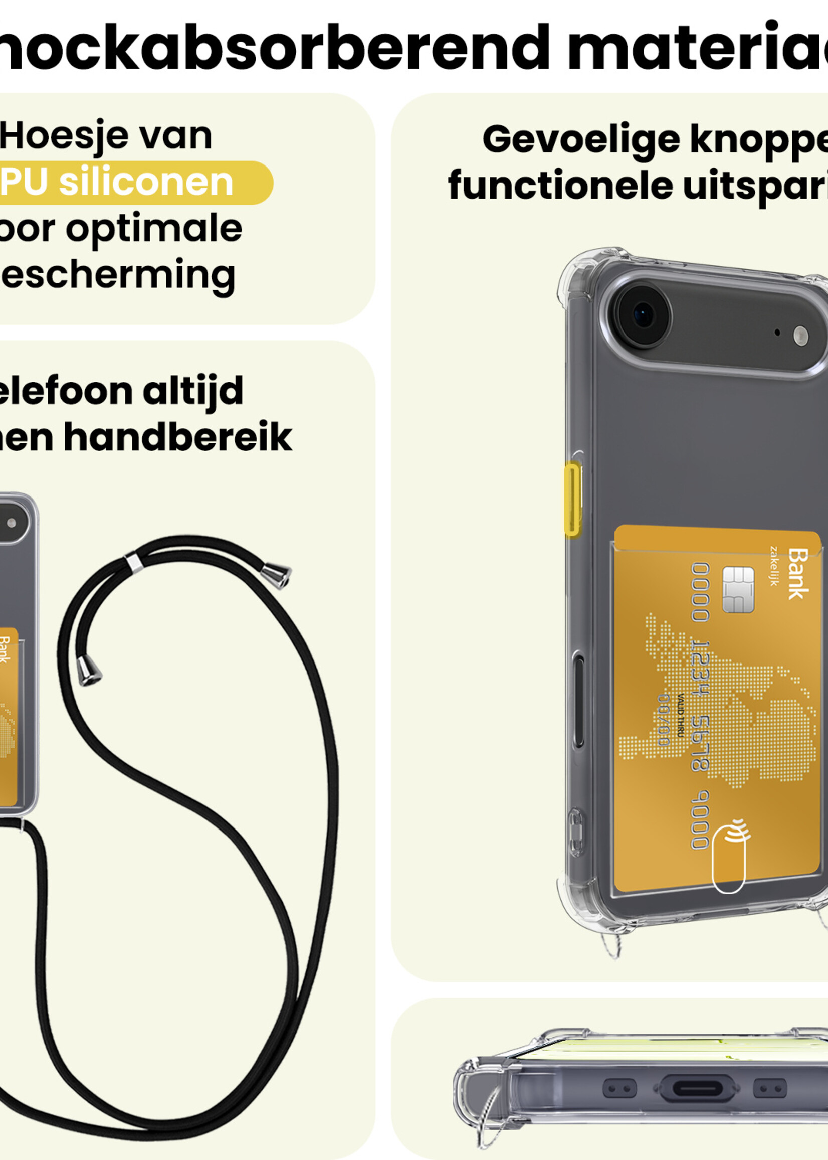 LUQ LUQ iPhone Air Hoesje Pashouder met Koord Met 2x Screenprotector