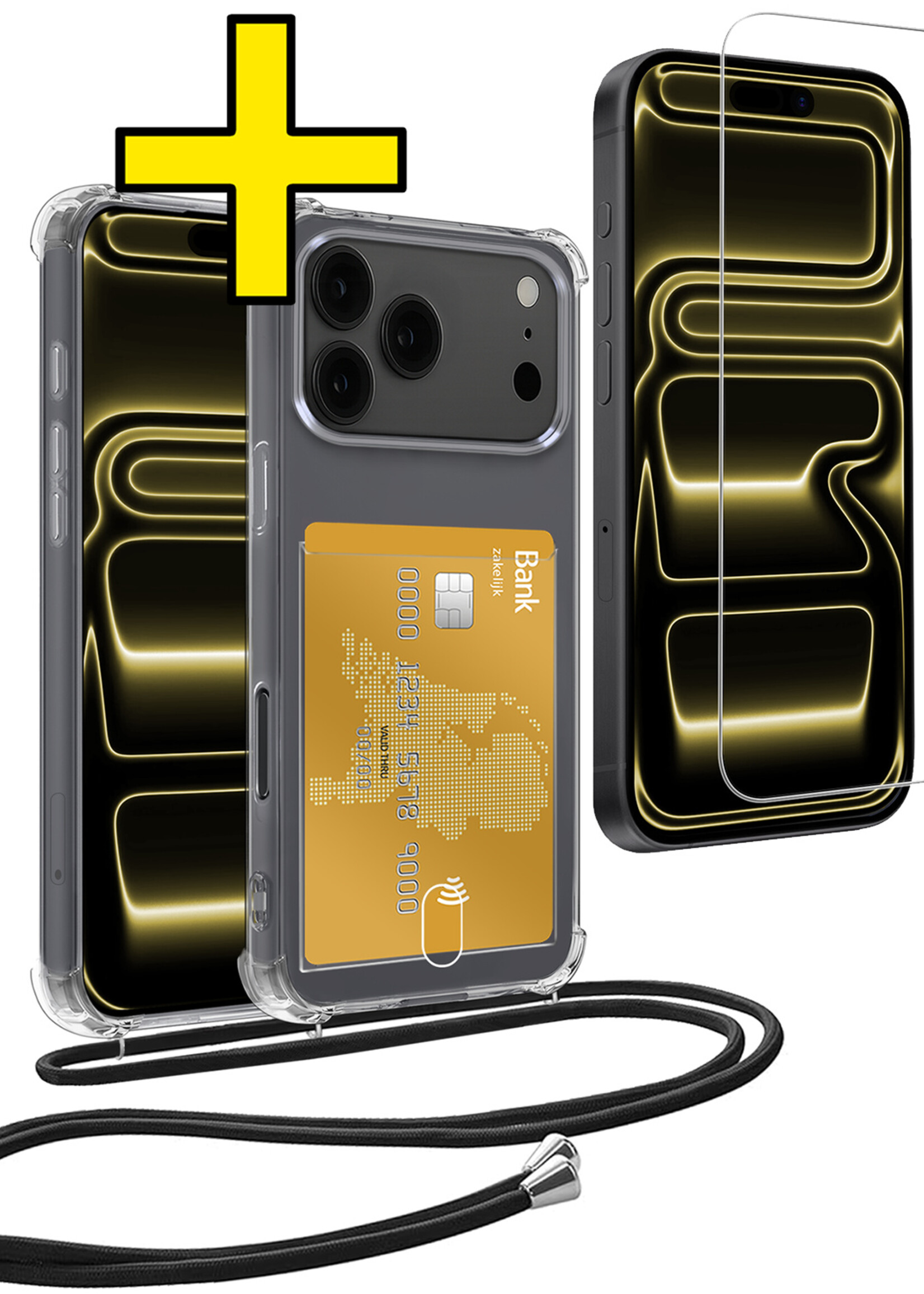 LUQ LUQ iPhone 17 Pro Hoesje Pashouder met Koord Met Screenprotector