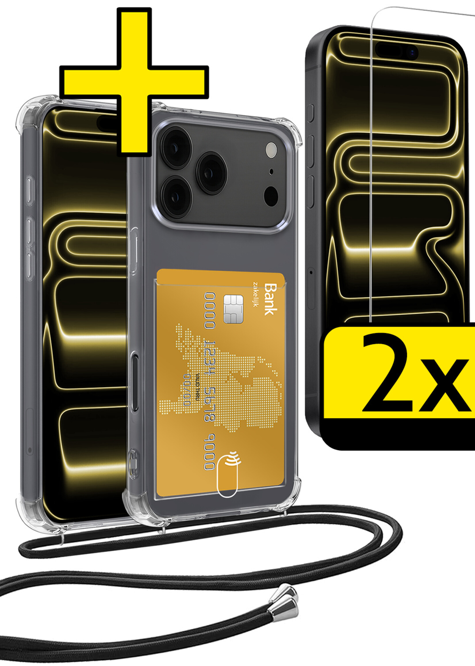 LUQ LUQ iPhone 17 Pro Max Hoesje Pashouder met Koord Met 2x Screenprotector
