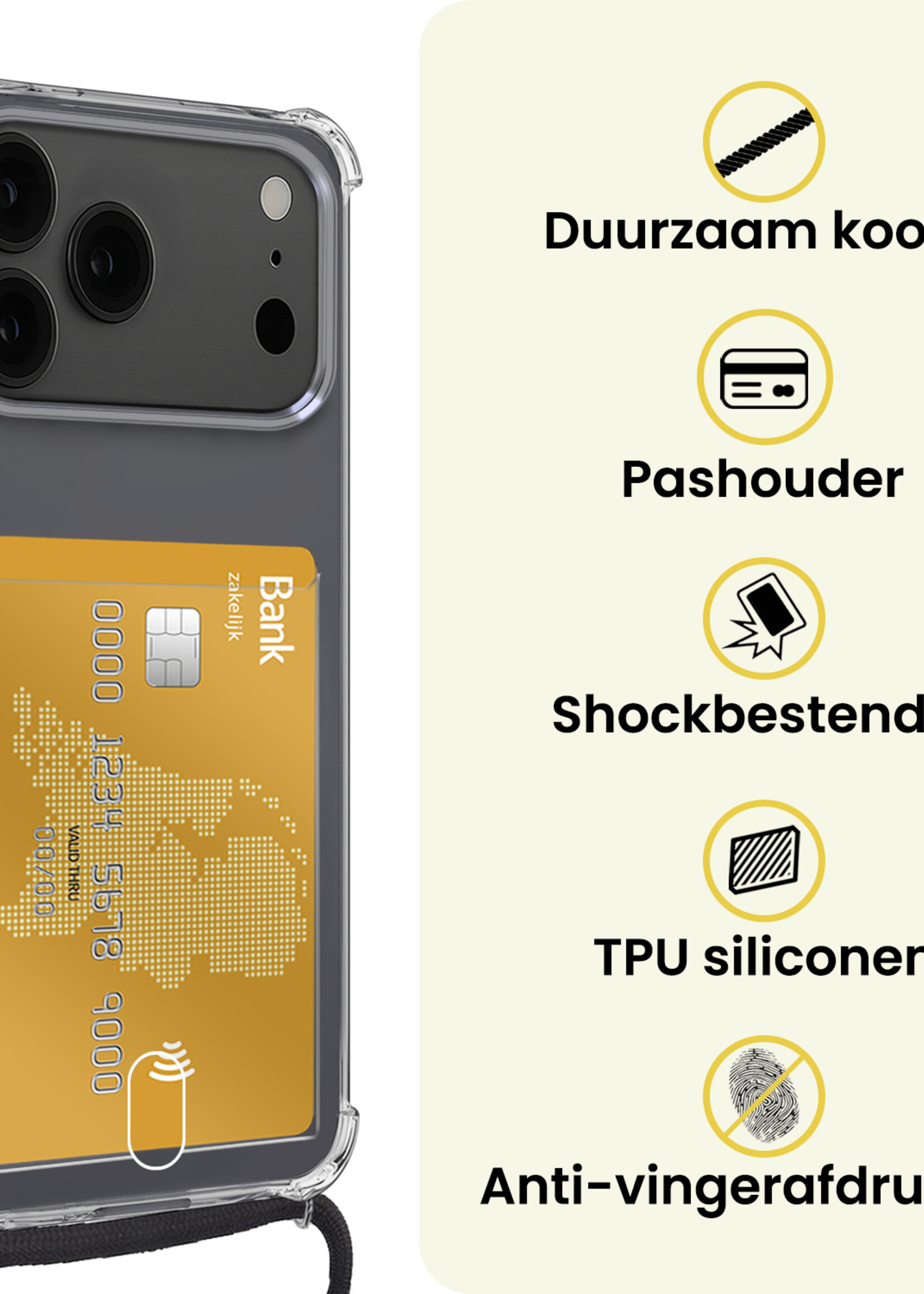 LUQ LUQ iPhone 17 Pro Max Hoesje Pashouder met Koord Met 2x Screenprotector