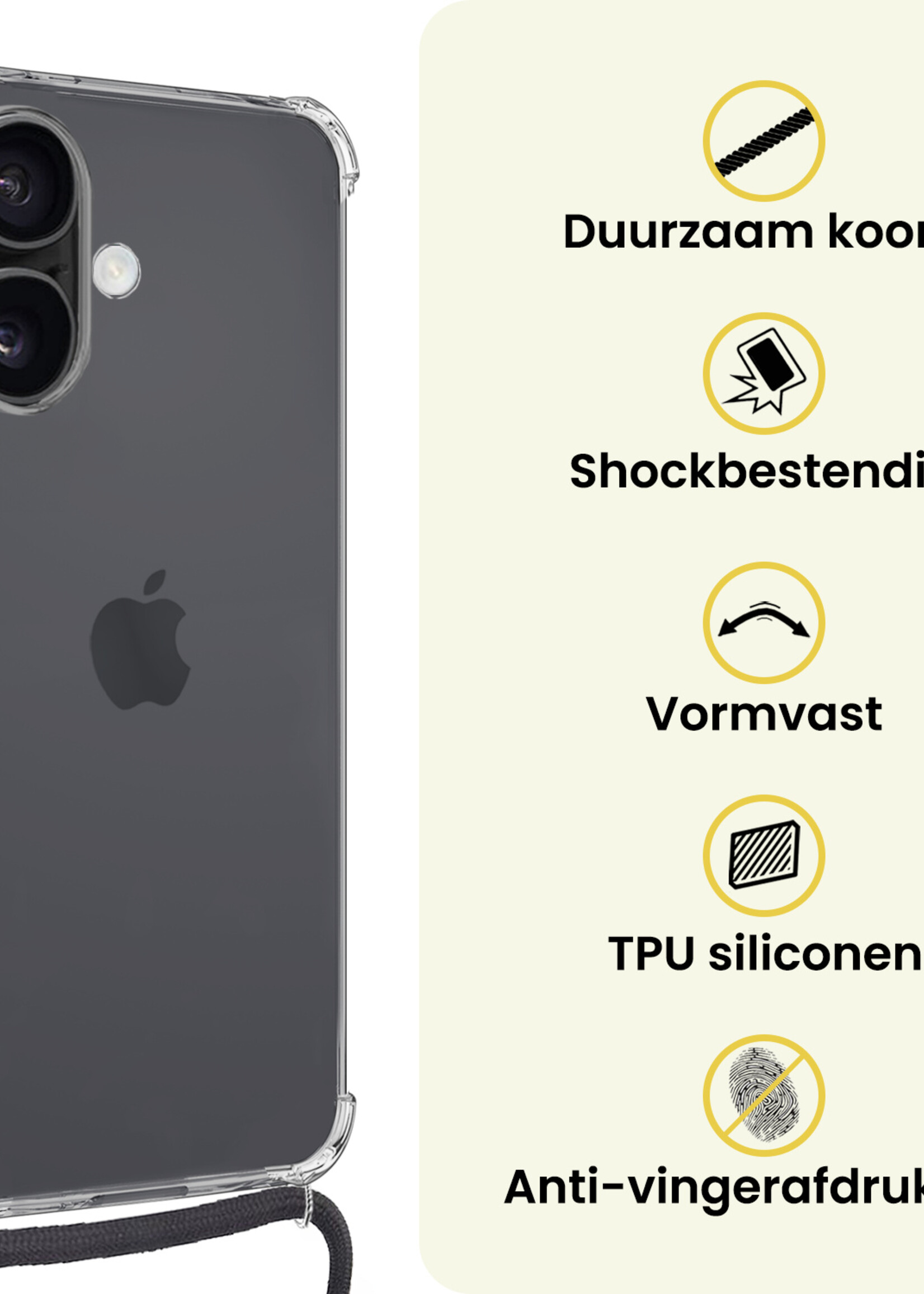 LUQ LUQ iPhone 17 Hoesje Transparant Shockproof Met Zwart Koord