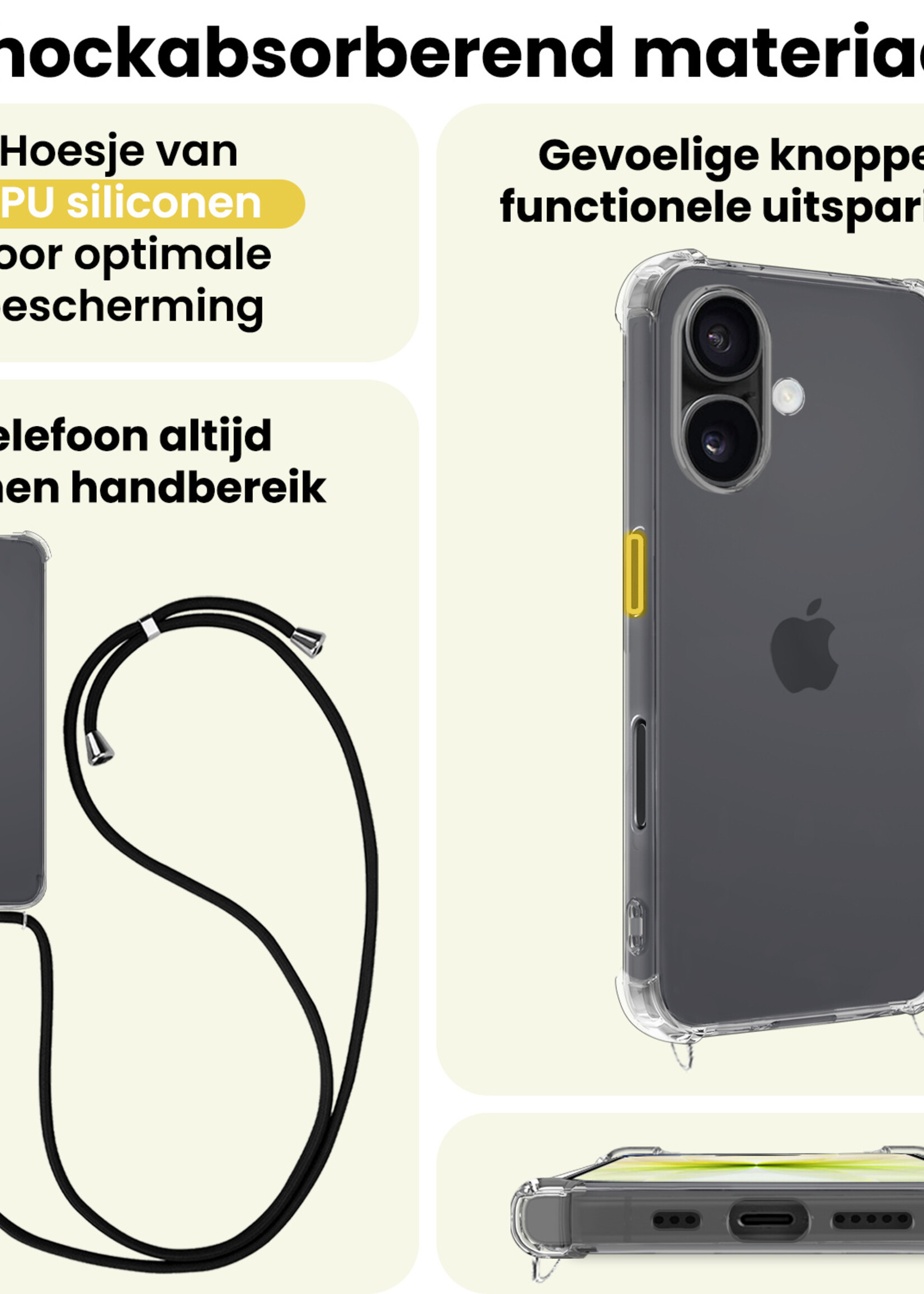 LUQ LUQ iPhone 17 Hoesje Transparant Shockproof Met Zwart Koord
