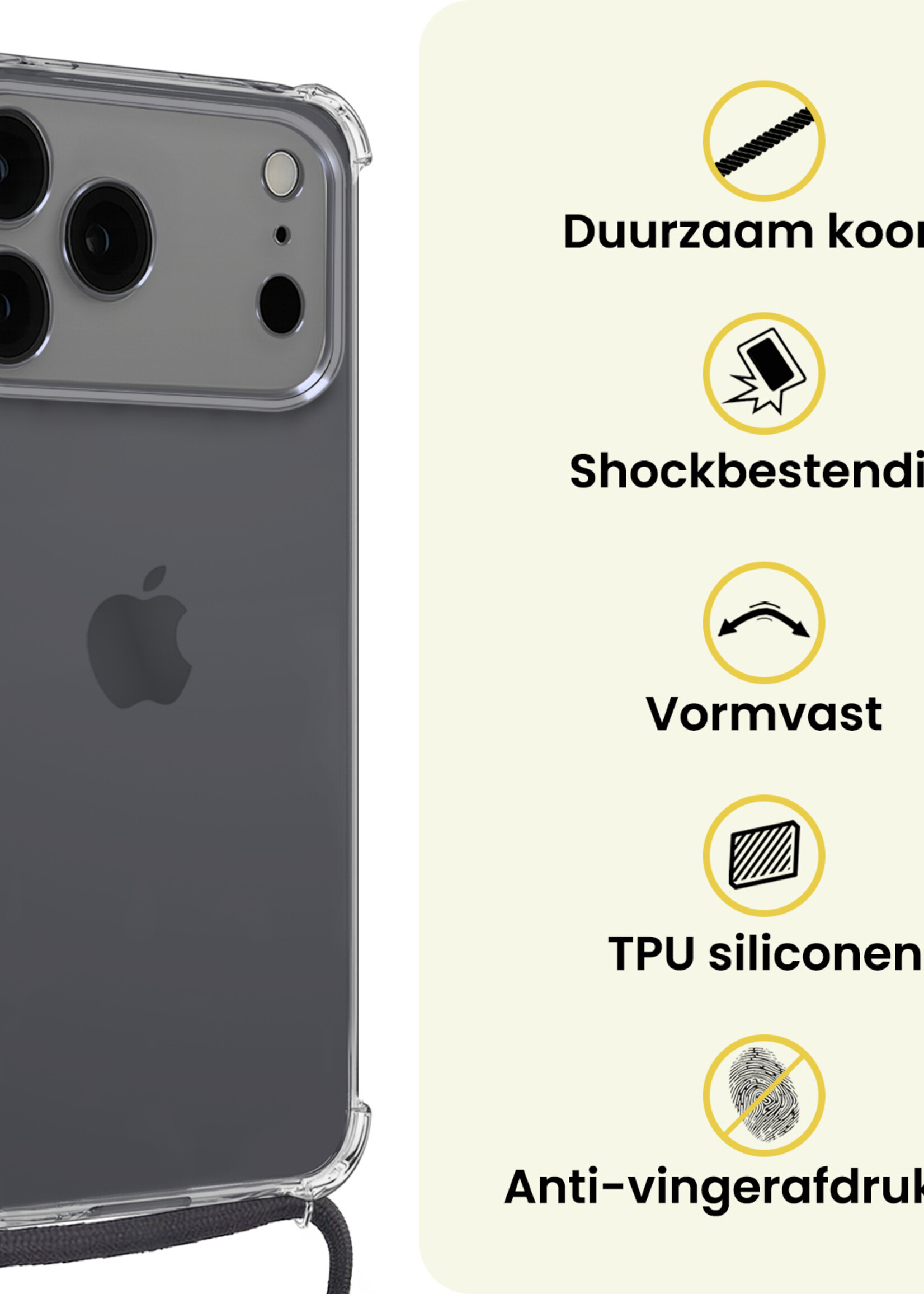 LUQ LUQ iPhone 17 Pro Hoesje Transparant Shockproof Met Zwart Koord