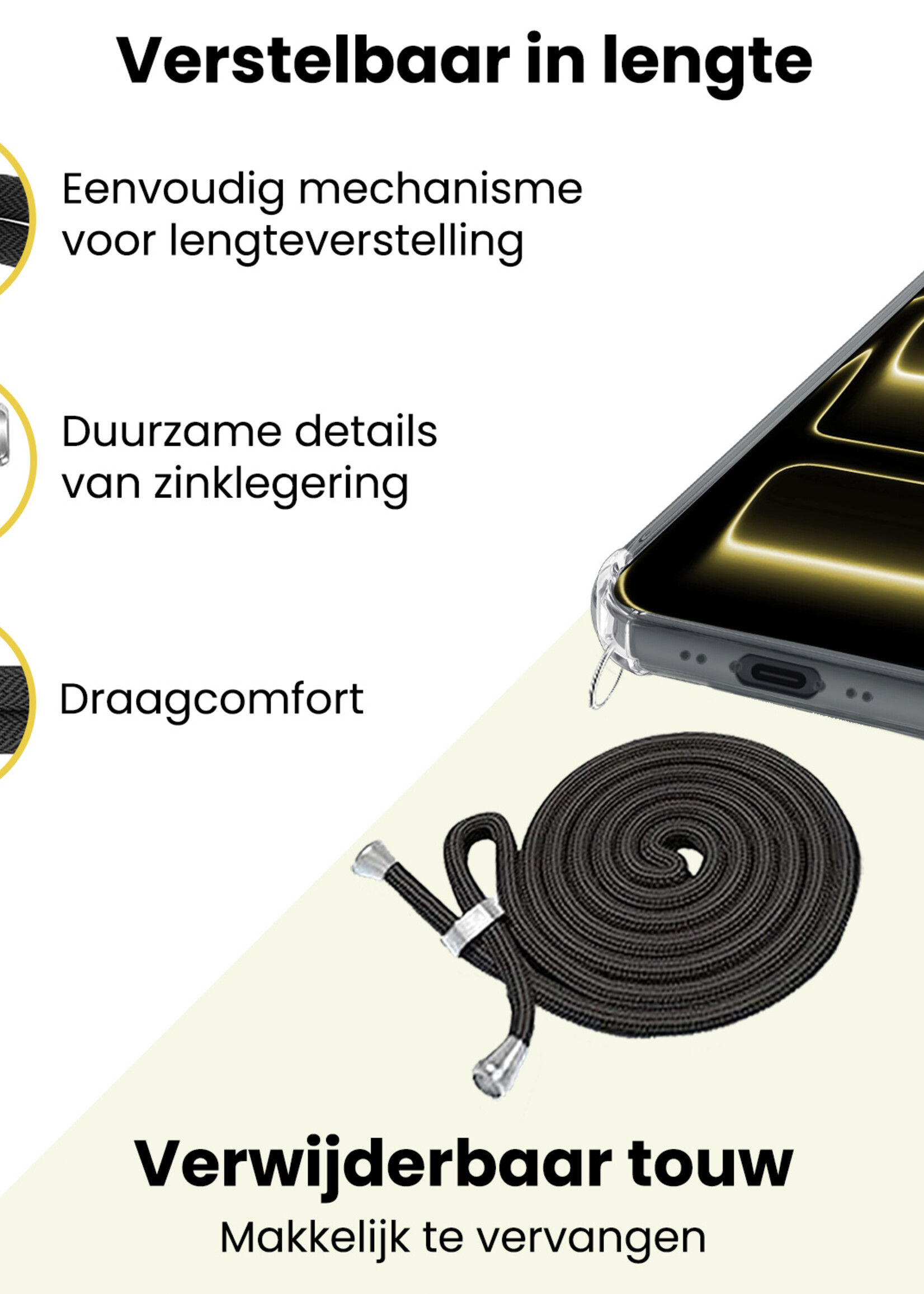 LUQ LUQ iPhone 17 Pro Hoesje Transparant Shockproof Met Zwart Koord