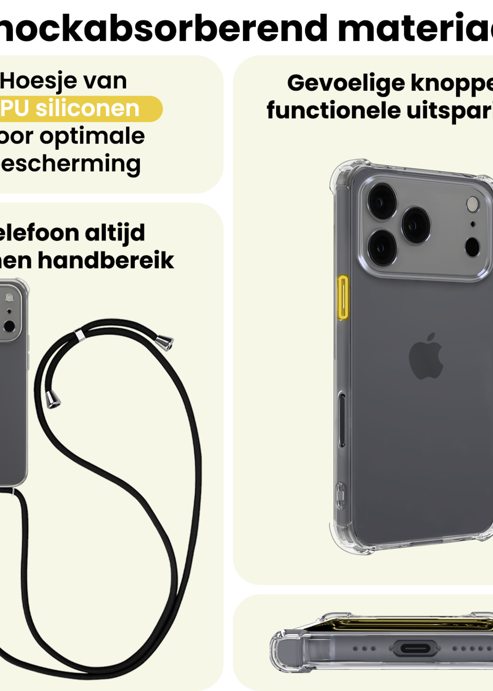 LUQ LUQ iPhone 17 Pro Hoesje Transparant Shockproof Met Zwart Koord