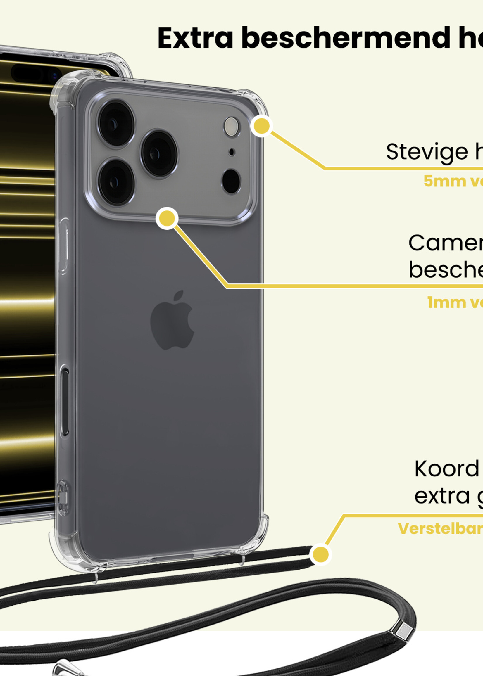 LUQ LUQ iPhone 17 Pro Max Hoesje Transparant Shockproof Met Zwart Koord