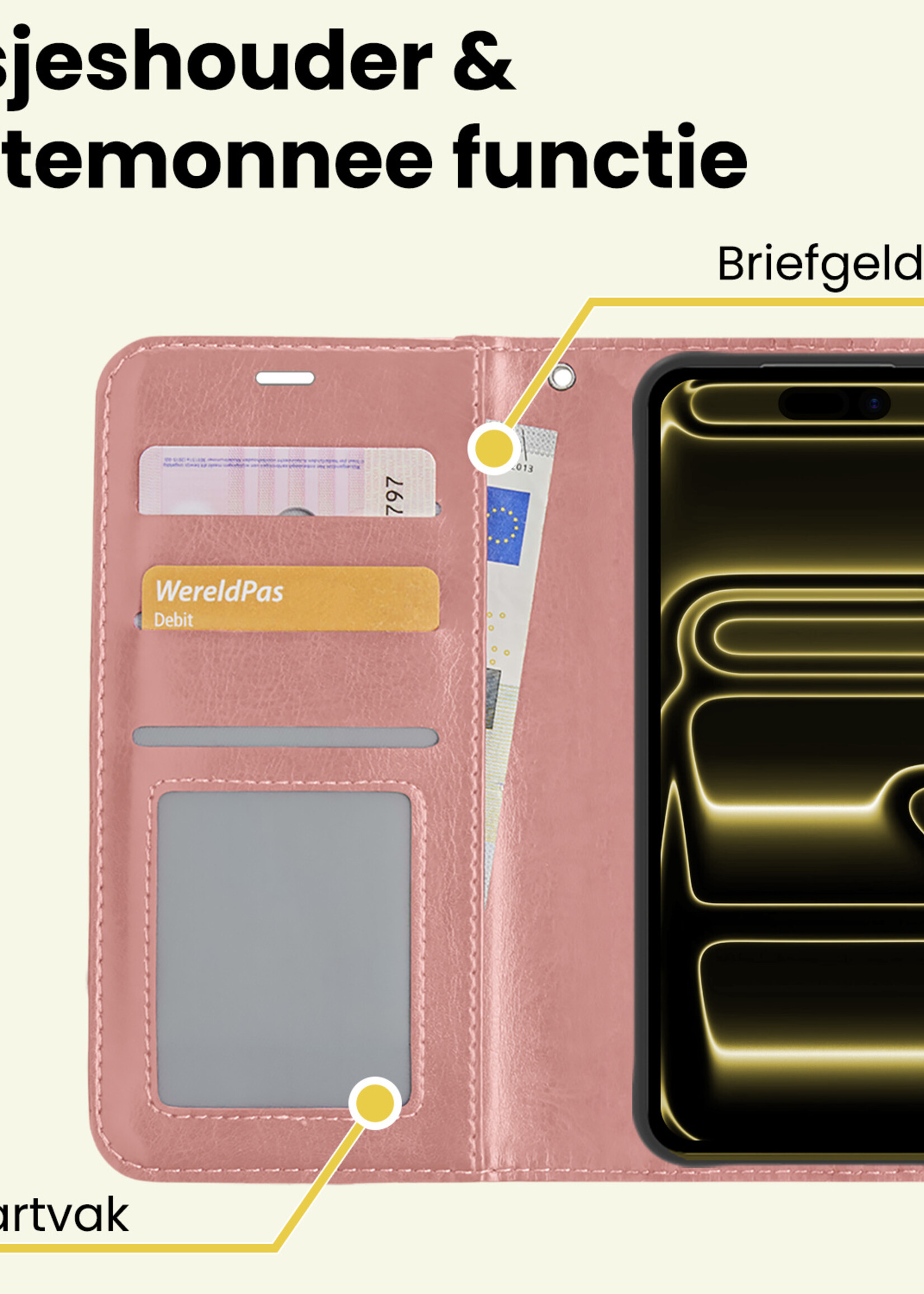 LUQ LUQ iPhone 17 Pro Hoesje Bookcase Met 2x Screenprotector - Rose Goud