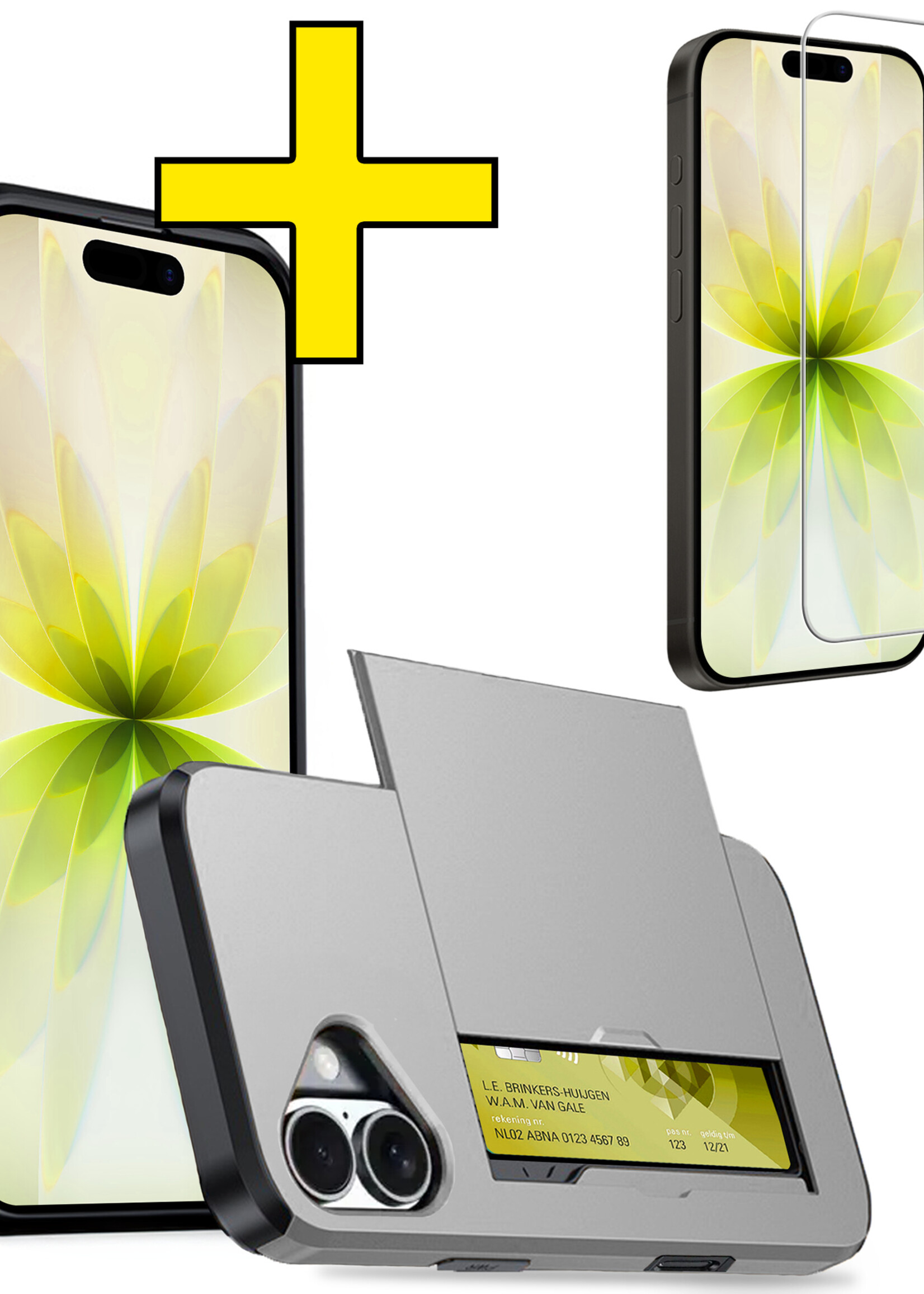 LUQ LUQ iPhone 17 Hoesje Pashouder Hard Met Screenprotector - Grijs