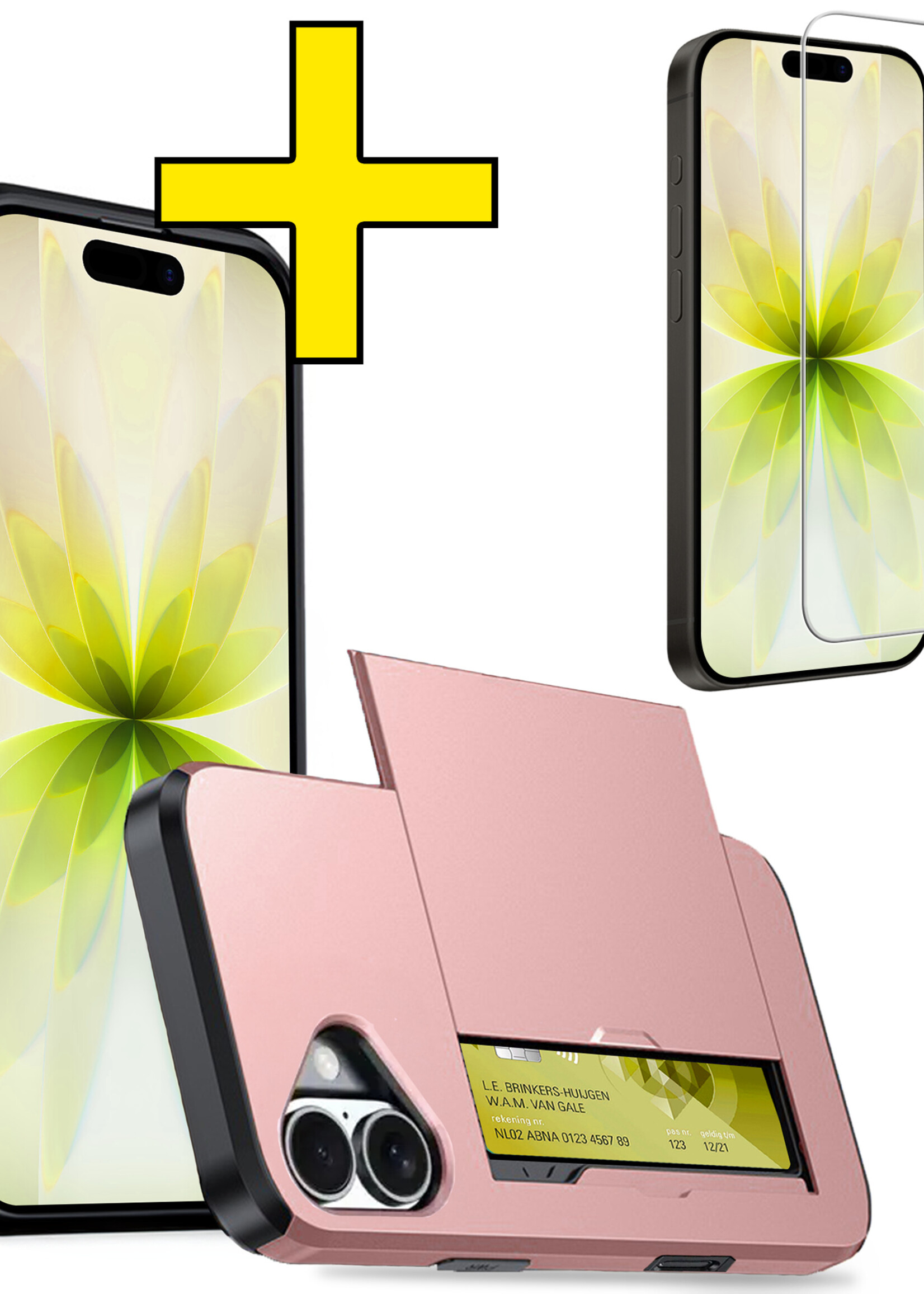 LUQ LUQ iPhone 17 Hoesje Pashouder Hard Met Screenprotector - Rosé Goud