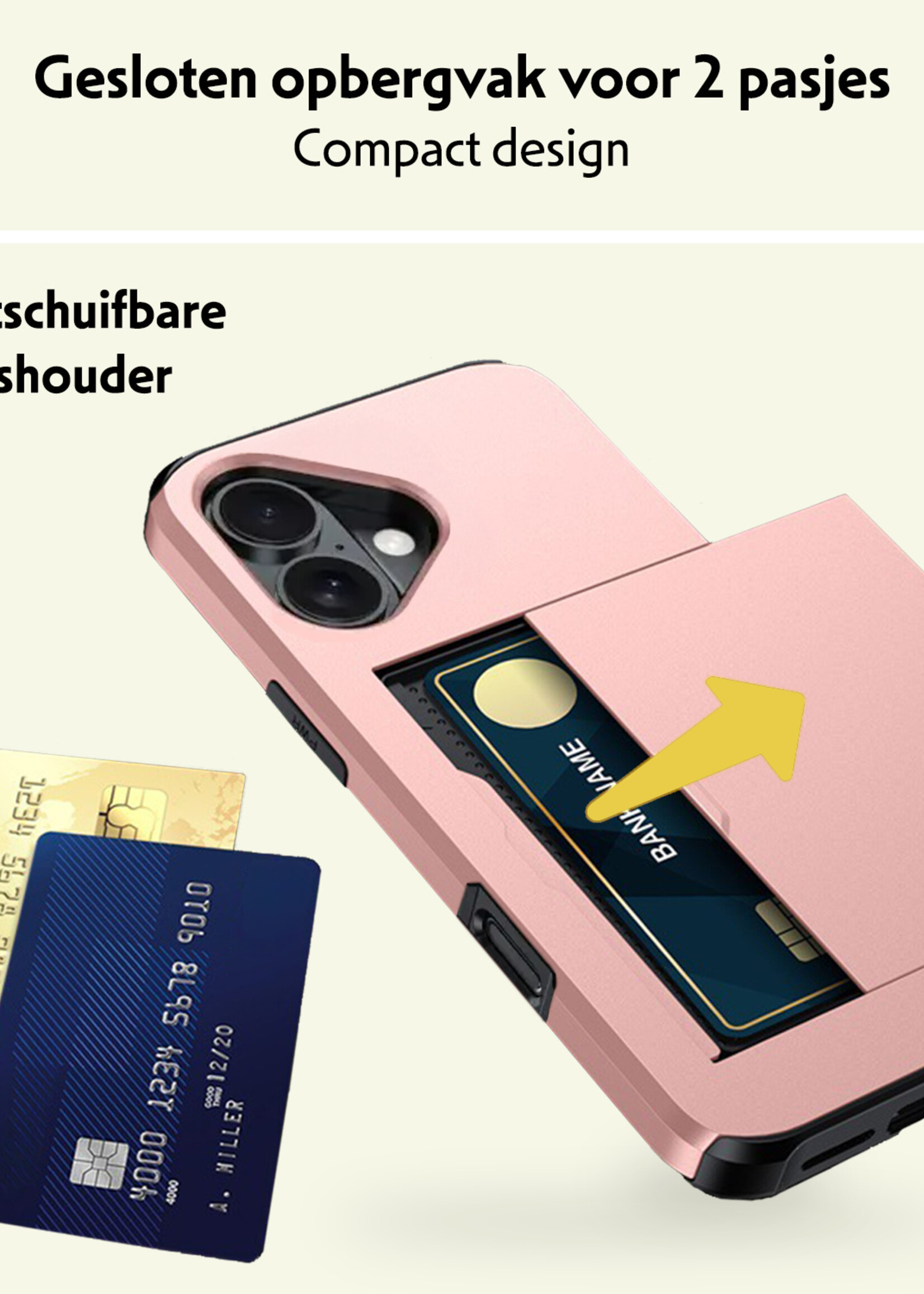 LUQ LUQ iPhone 17 Hoesje Pashouder Hard Met Screenprotector - Rosé Goud