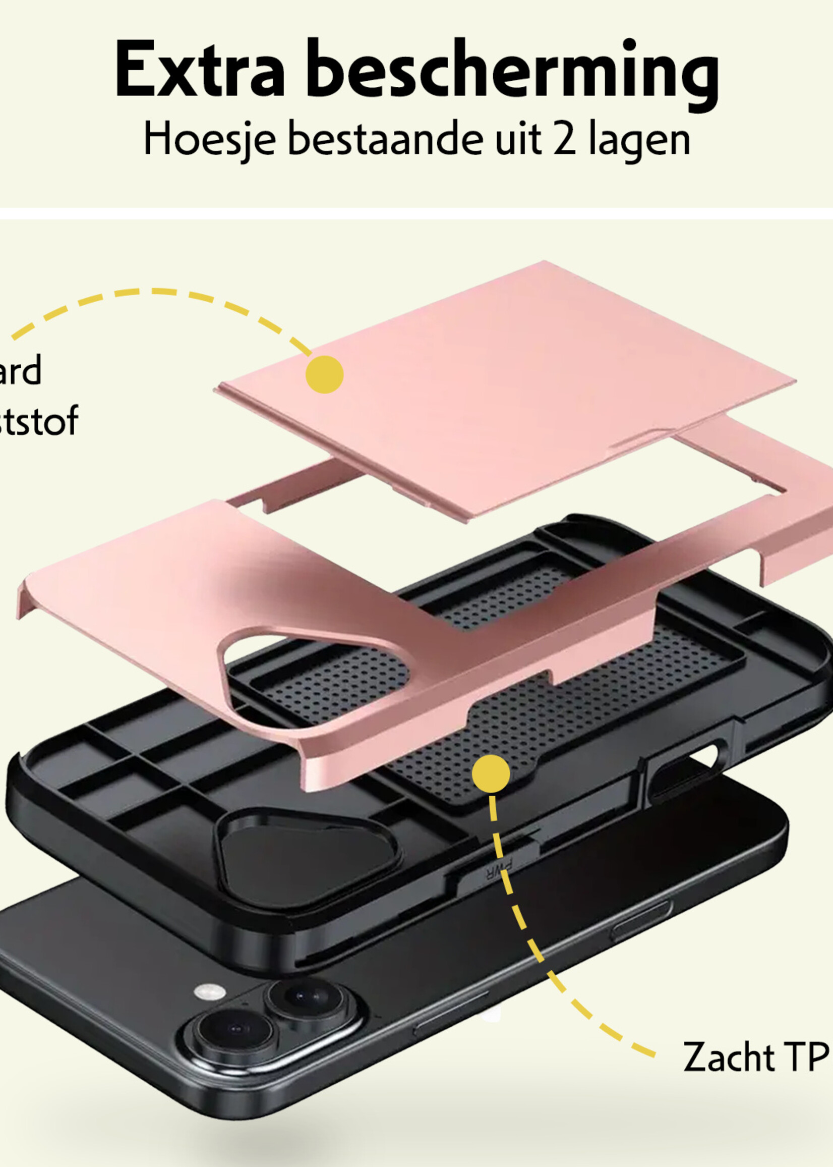 LUQ LUQ iPhone 17 Hoesje Pashouder Hard Met Screenprotector - Rosé Goud