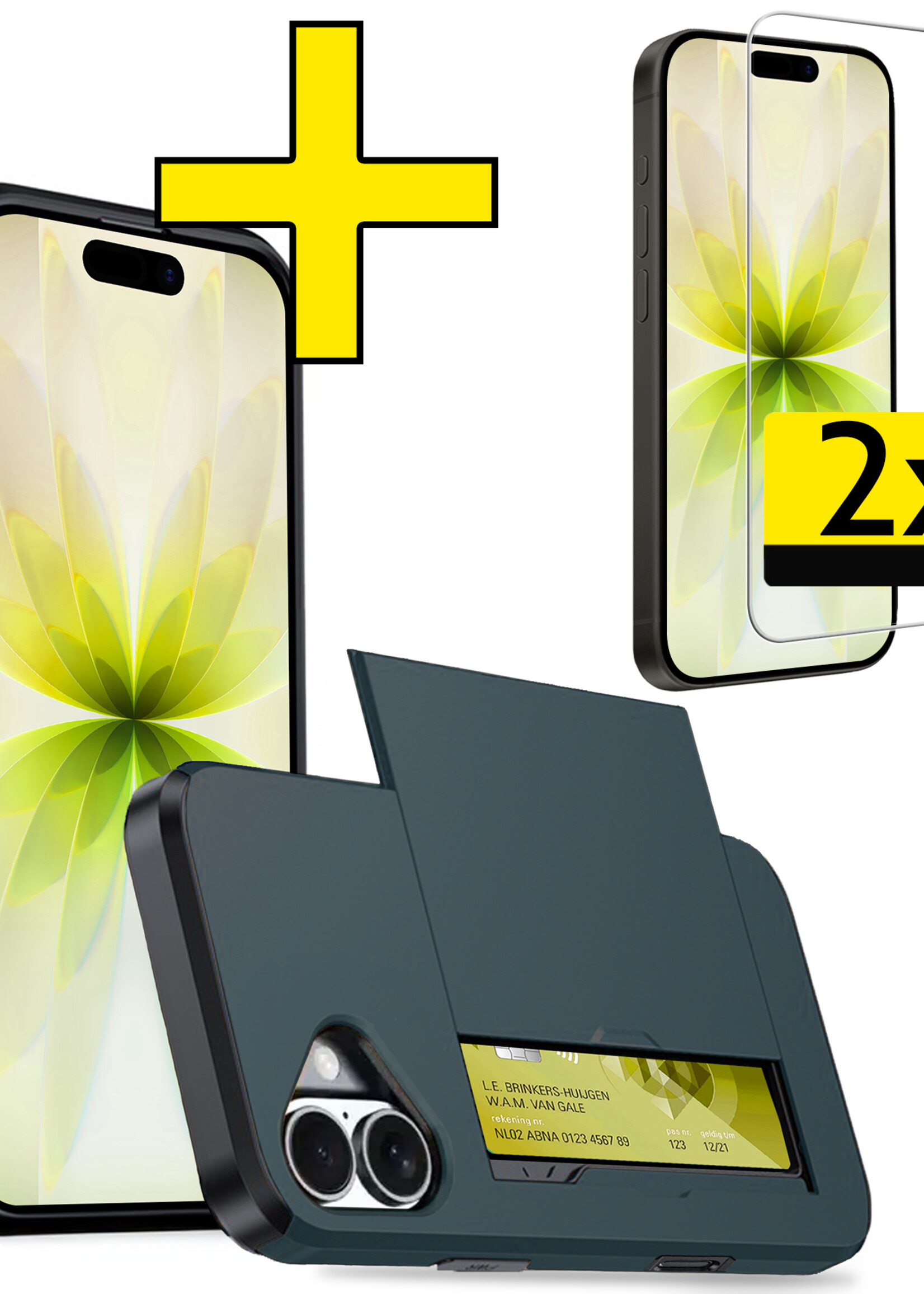 LUQ LUQ iPhone 17 Hoesje Pashouder Hard Met 2x Screenprotector - Donker Blauw