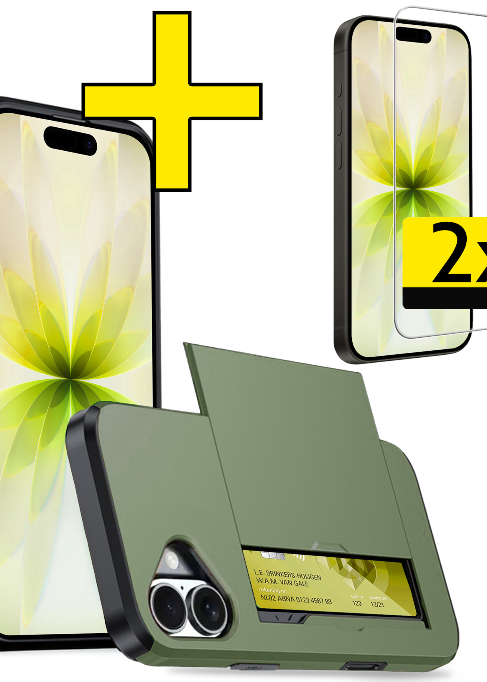 LUQ LUQ iPhone 17 Hoesje Pashouder Hard Met 2x Screenprotector - Donker Groen