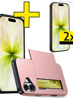 LUQ LUQ iPhone 17 Hoesje Pashouder Hard Met 2x Screenprotector - Rosé Goud
