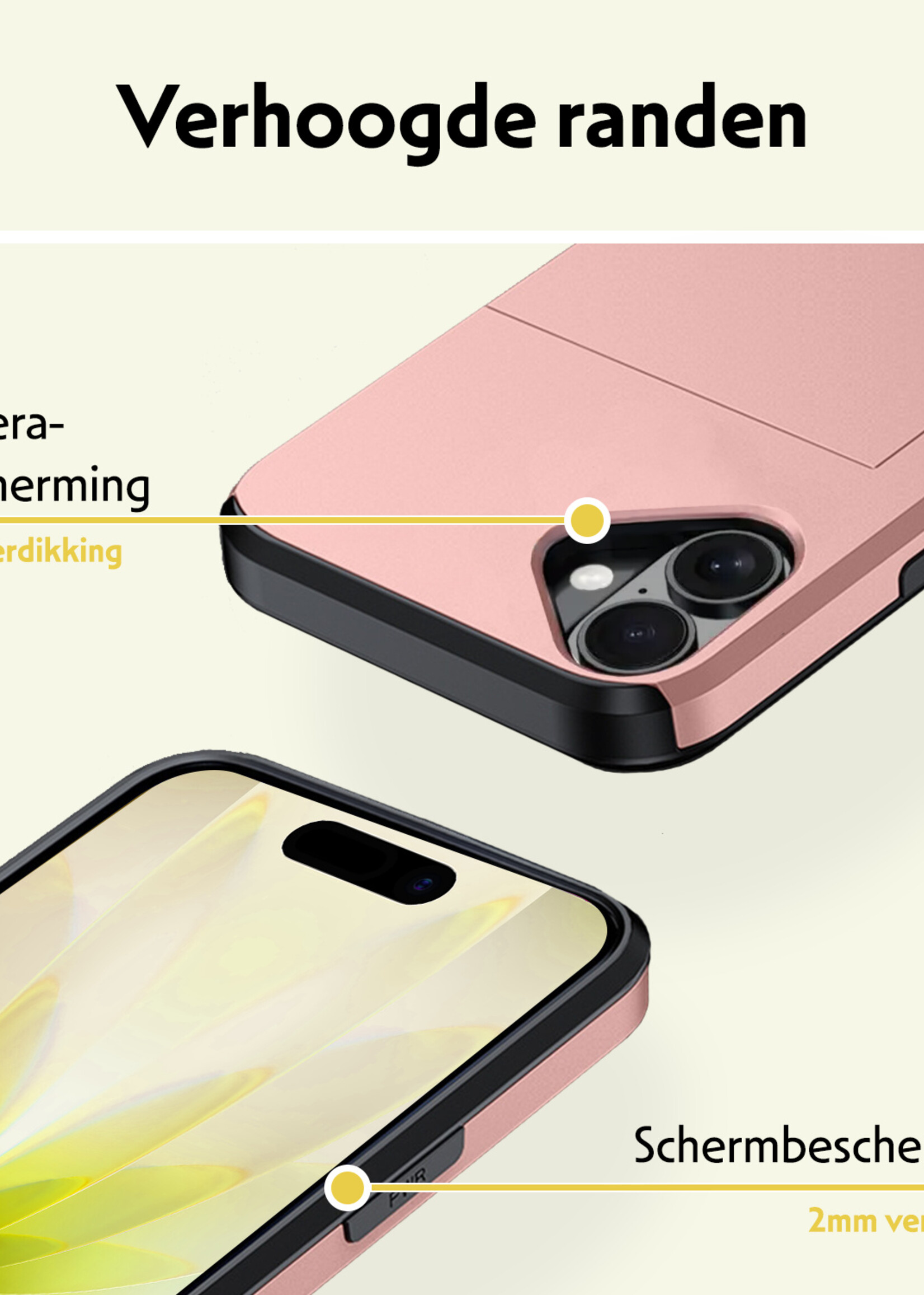LUQ LUQ iPhone 17 Hoesje Pashouder Hard Met 2x Screenprotector - Rosé Goud