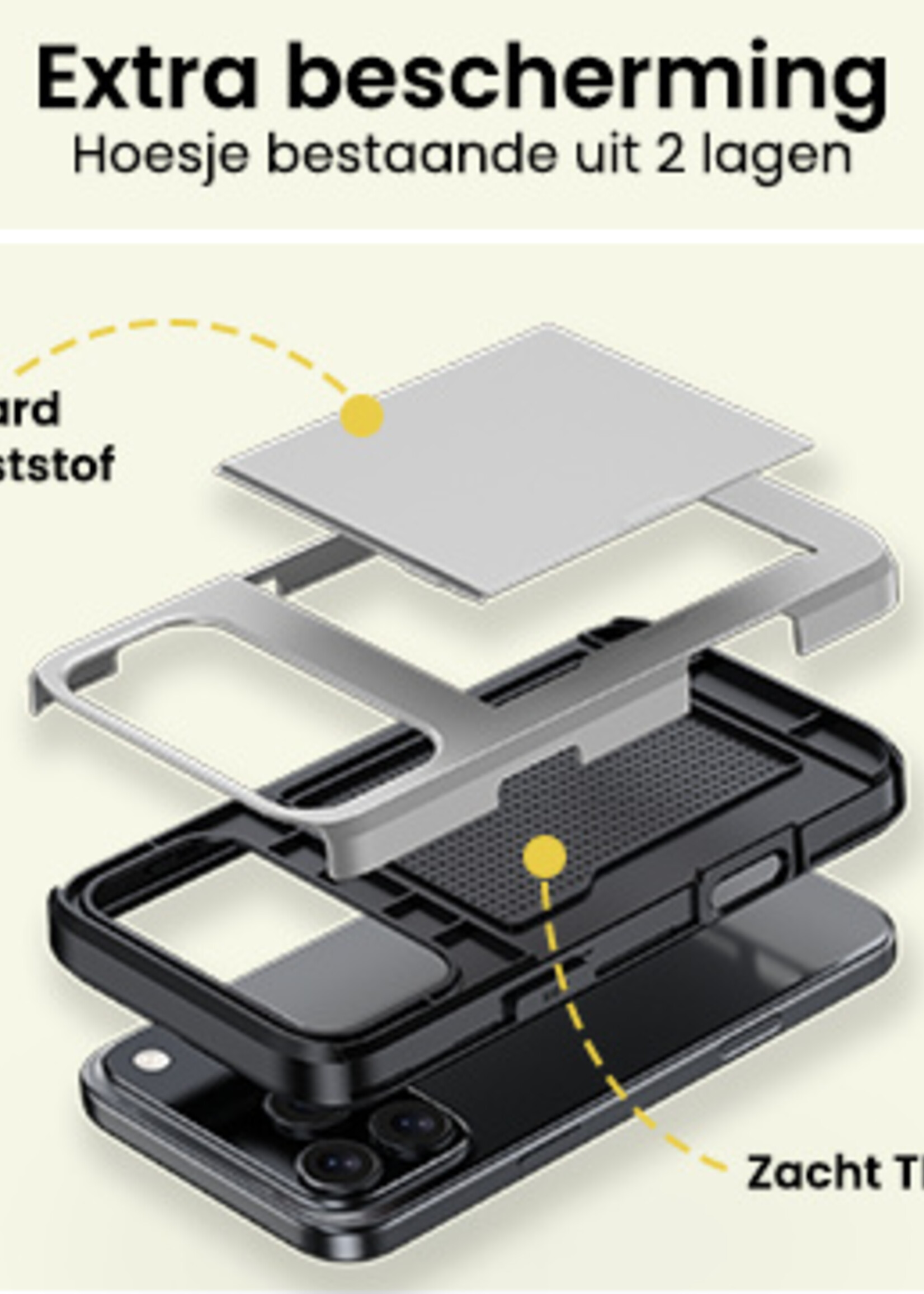 LUQ LUQ iPhone 17 Pro Hoesje Pashouder Hard Met Screenprotector - Grijs