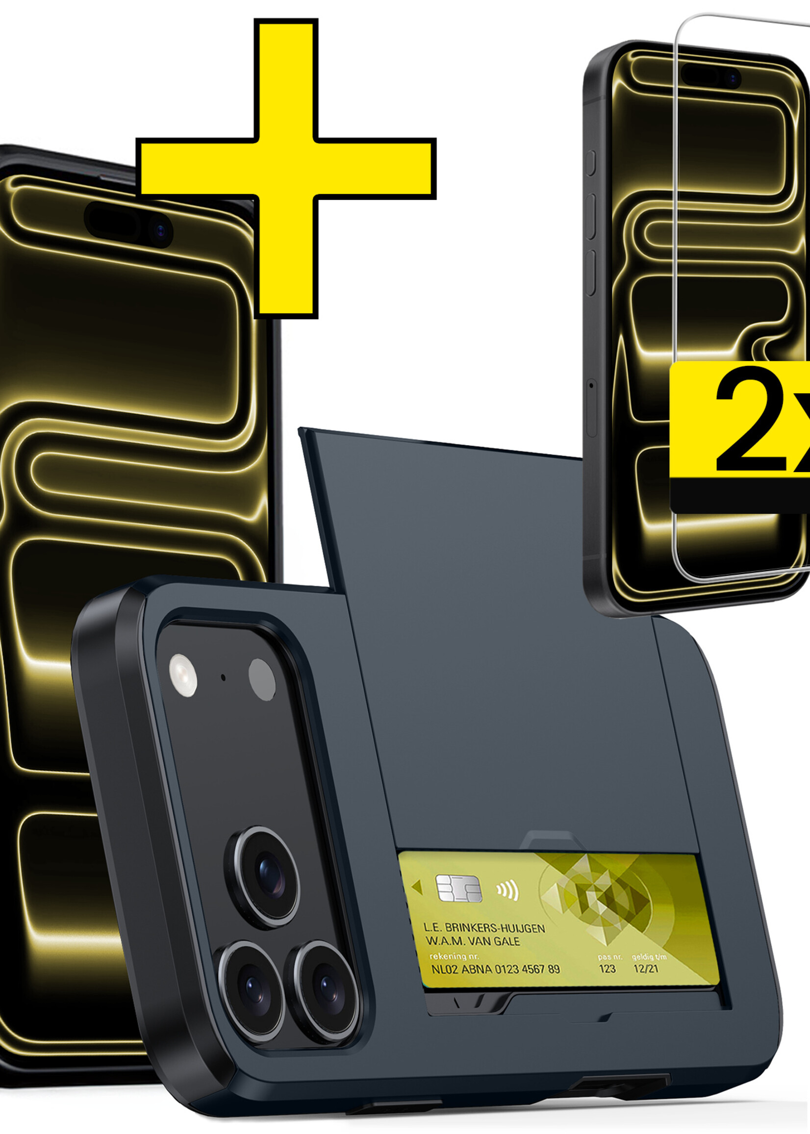 LUQ LUQ iPhone 17 Pro Hoesje Pashouder Hard Met 2x Screenprotector - Donker Blauw