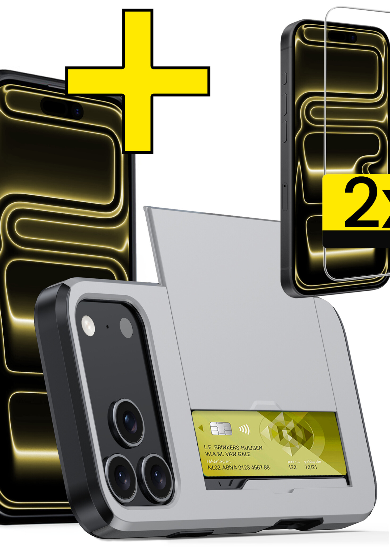 LUQ LUQ iPhone 17 Pro Hoesje Pashouder Hard Met 2x Screenprotector - Grijs