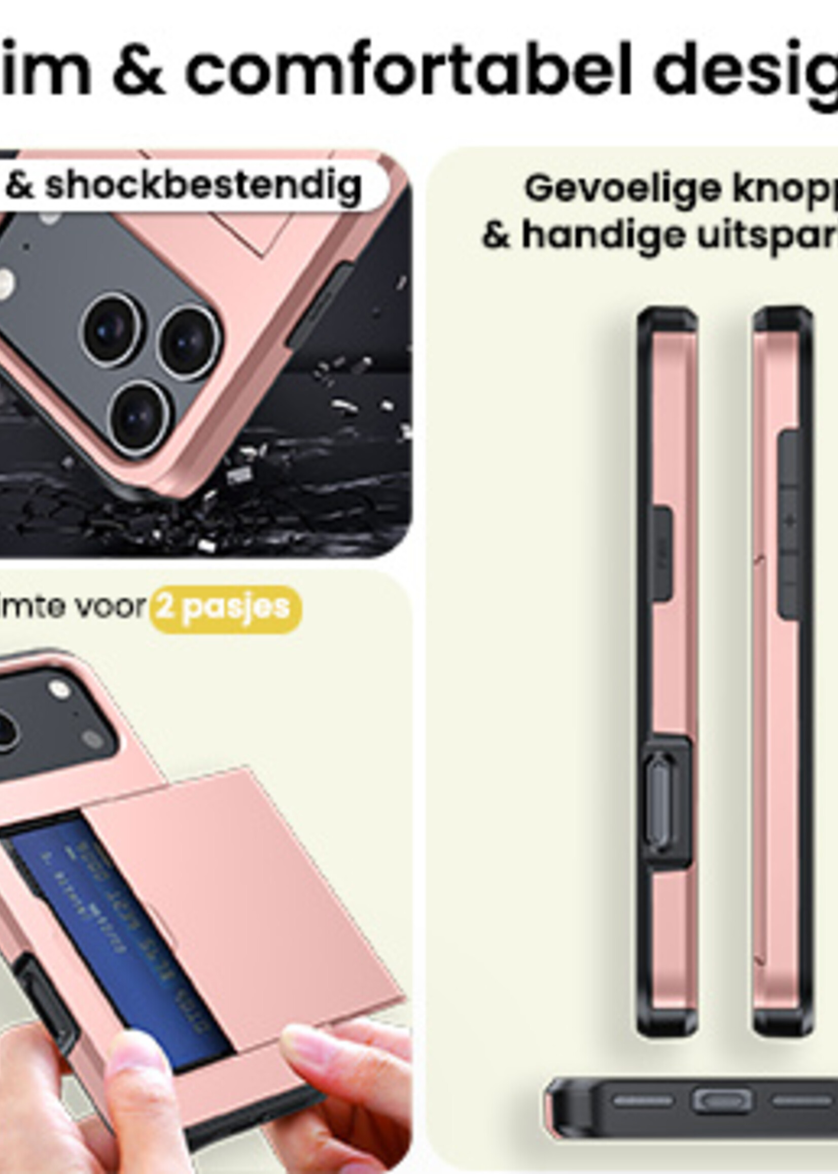 LUQ LUQ iPhone 17 Pro Hoesje Pashouder Hard Met 2x Screenprotector - Rosé Goud