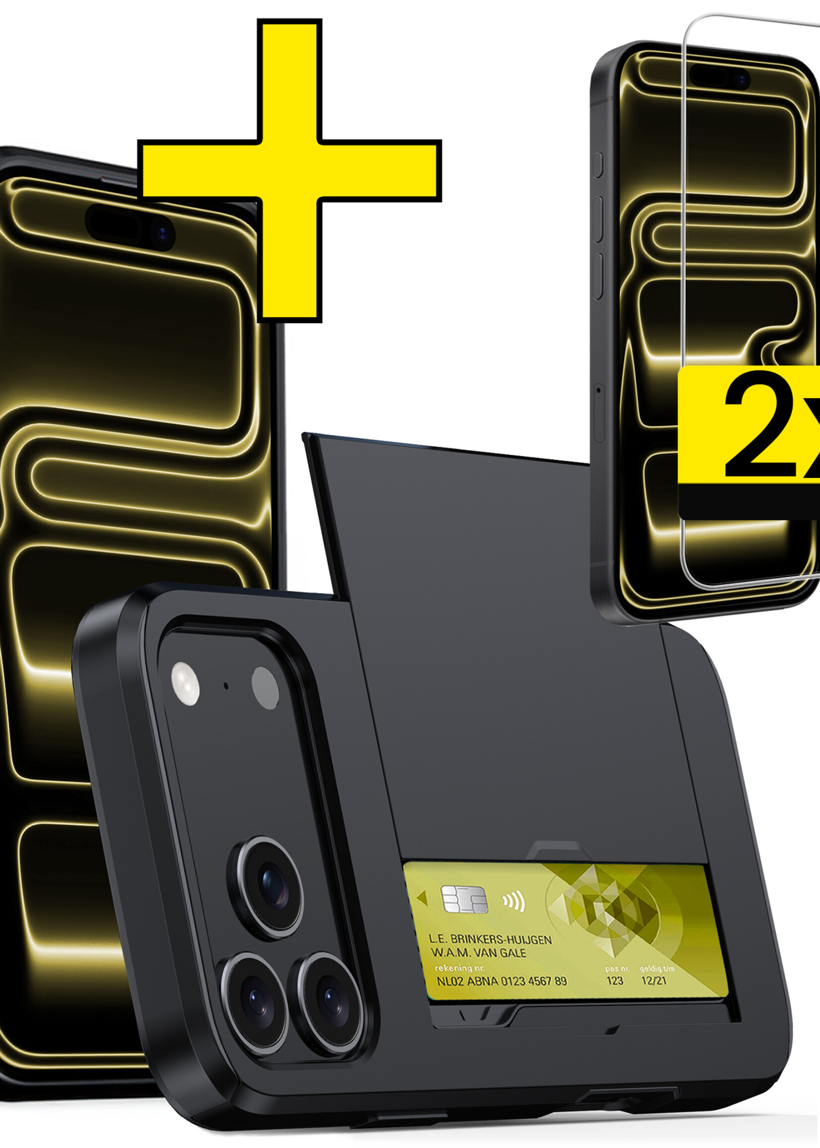 LUQ LUQ iPhone 17 Pro Hoesje Pashouder Hard Met 2x Screenprotector - Zwart