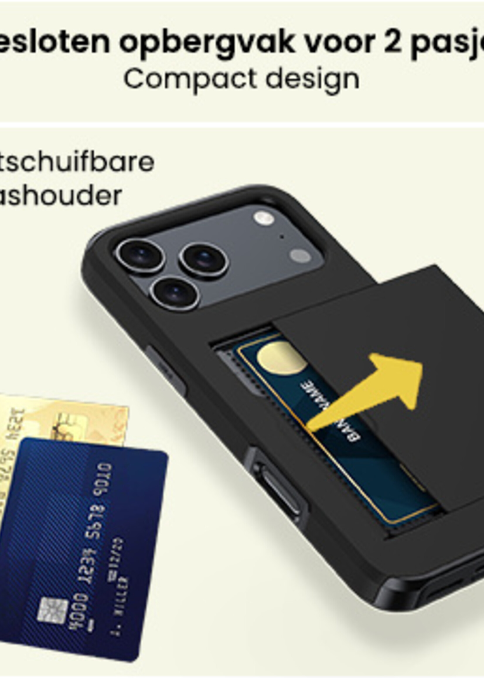 LUQ LUQ iPhone 17 Pro Hoesje Pashouder Hard Met 2x Screenprotector - Zwart