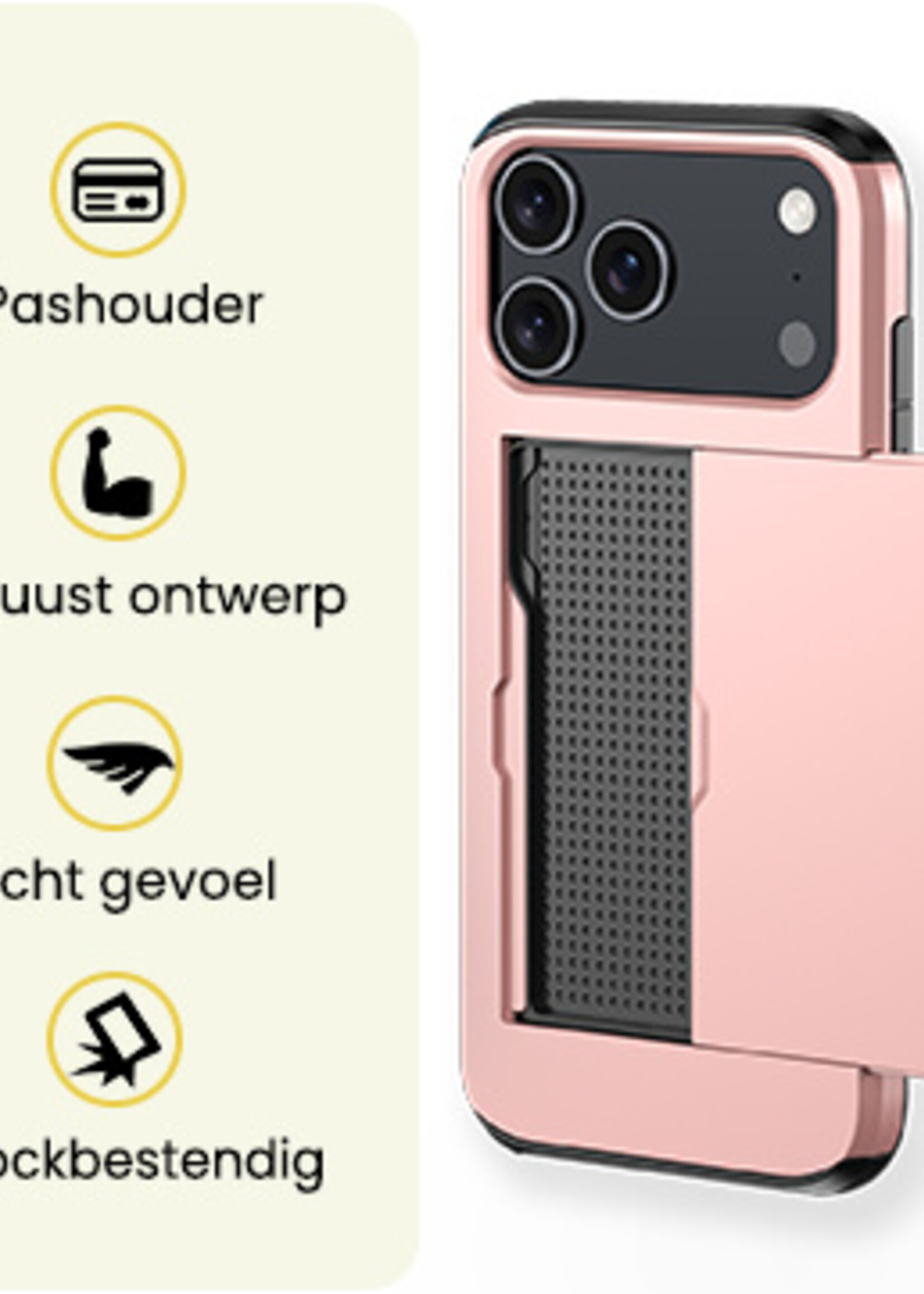 LUQ LUQ iPhone 17 Pro Max Hoesje Pashouder Hard Met Screenprotector - Rosé Goud