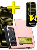 LUQ LUQ iPhone 17 Pro Max Hoesje Pashouder Hard Met 2x Screenprotector - Rosé Goud