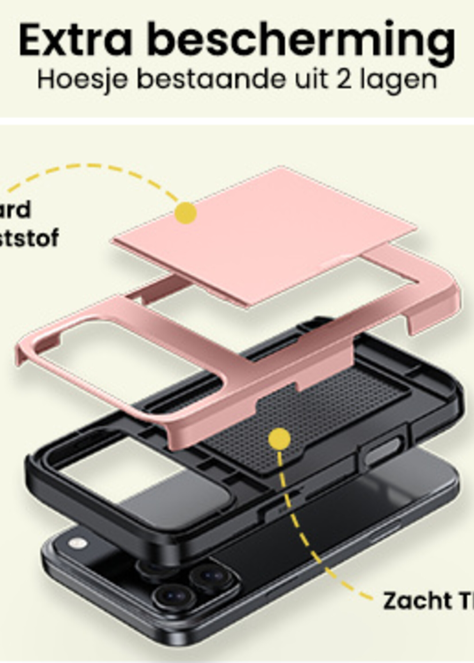 LUQ LUQ iPhone 17 Pro Max Hoesje Pashouder Hard Met 2x Screenprotector - Rosé Goud