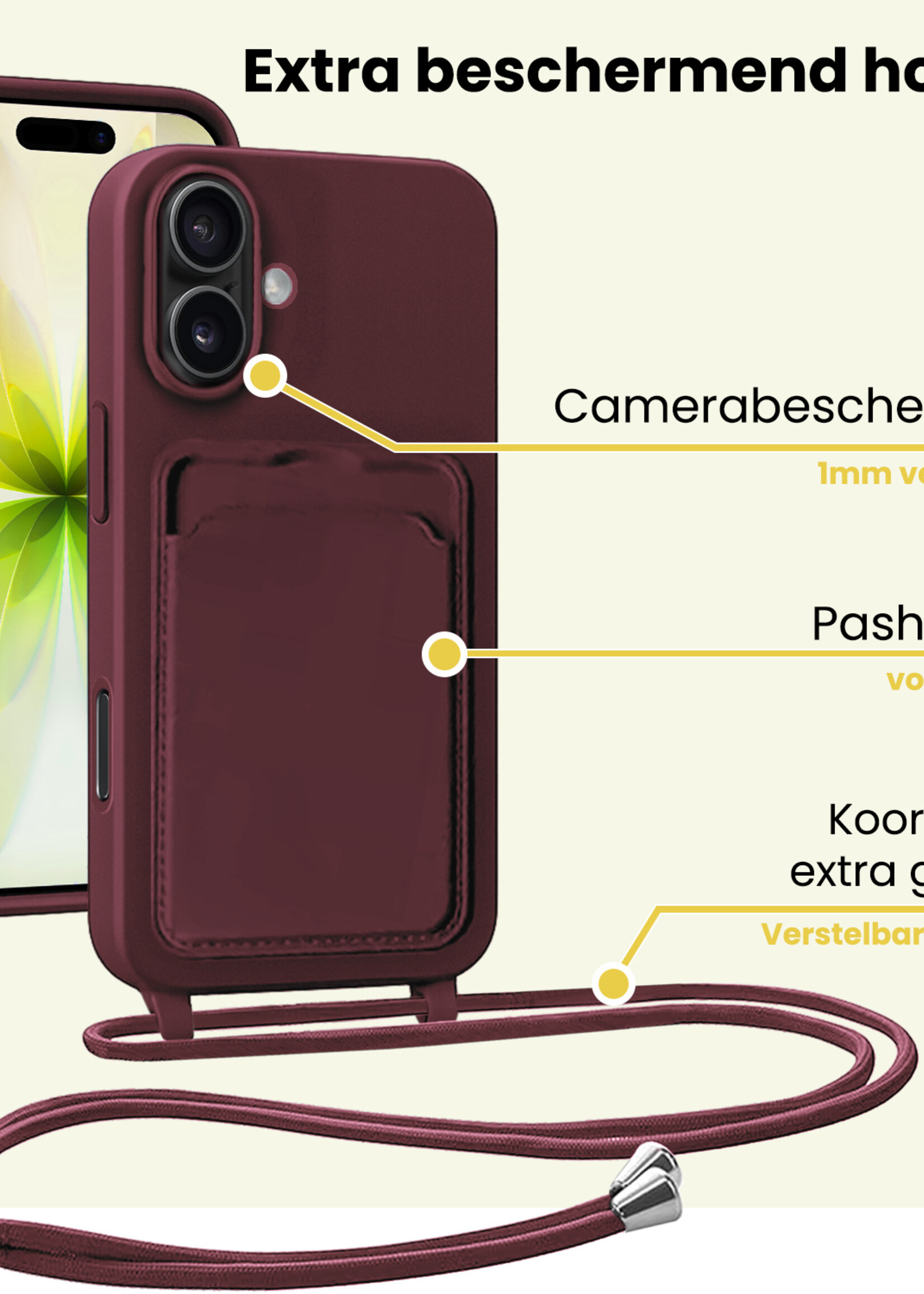 LUQ LUQ iPhone 17 Hoesje Pashouder met Koord - Aubergine