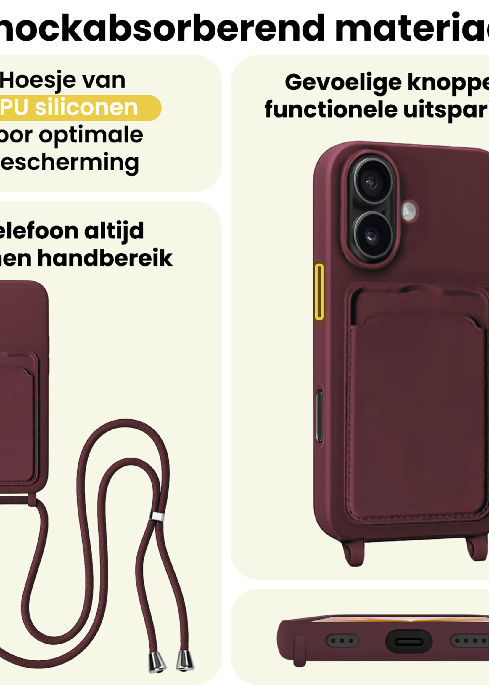 LUQ LUQ iPhone 17 Hoesje Pashouder met Koord - Aubergine