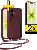LUQ LUQ iPhone 17 Hoesje Pashouder met Koord Met 2x Screenprotector - Aubergine