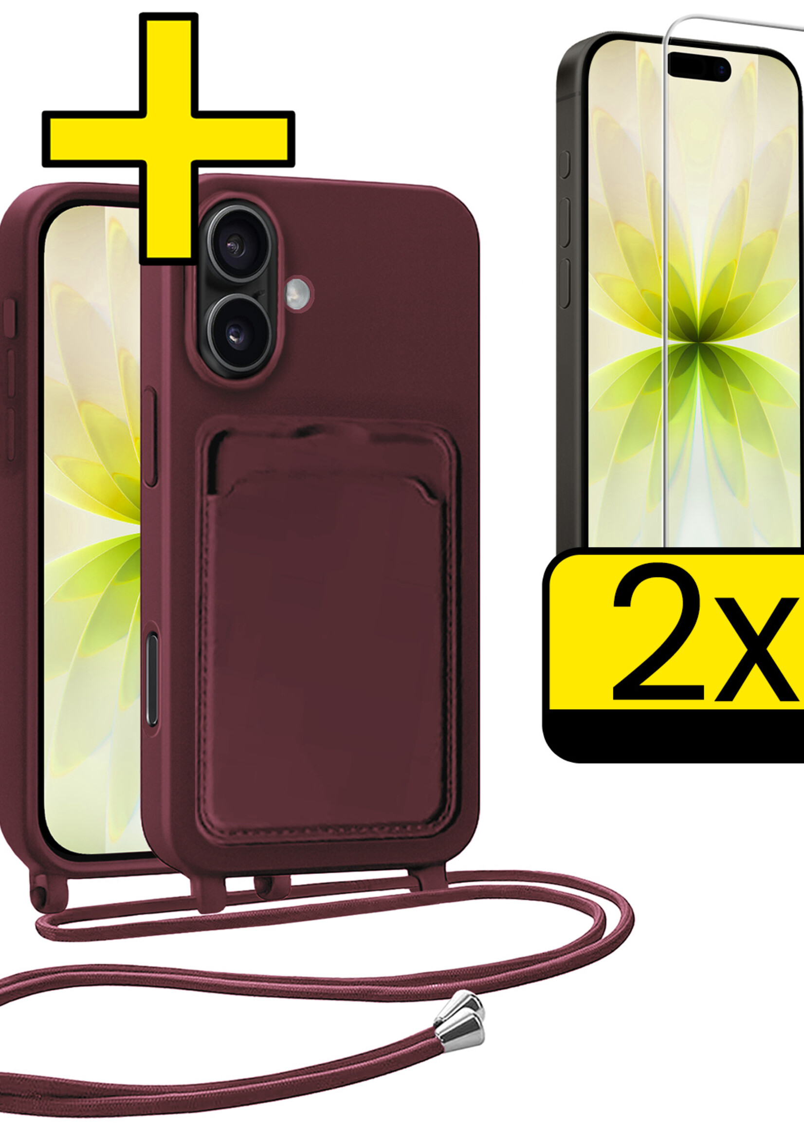 LUQ LUQ iPhone 17 Hoesje Pashouder met Koord Met 2x Screenprotector - Aubergine