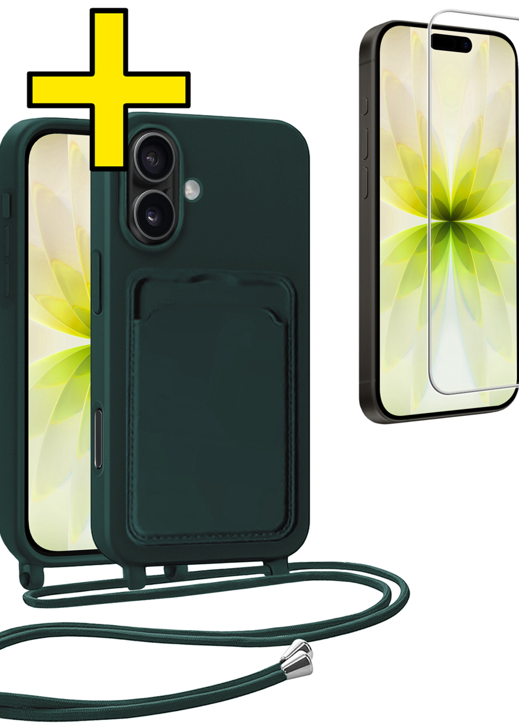 LUQ LUQ iPhone 17 Hoesje Pashouder met Koord Met Screenprotector - Donkergroen
