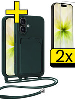 LUQ LUQ iPhone 17 Hoesje Pashouder met Koord Met 2x Screenprotector - Donkergroen