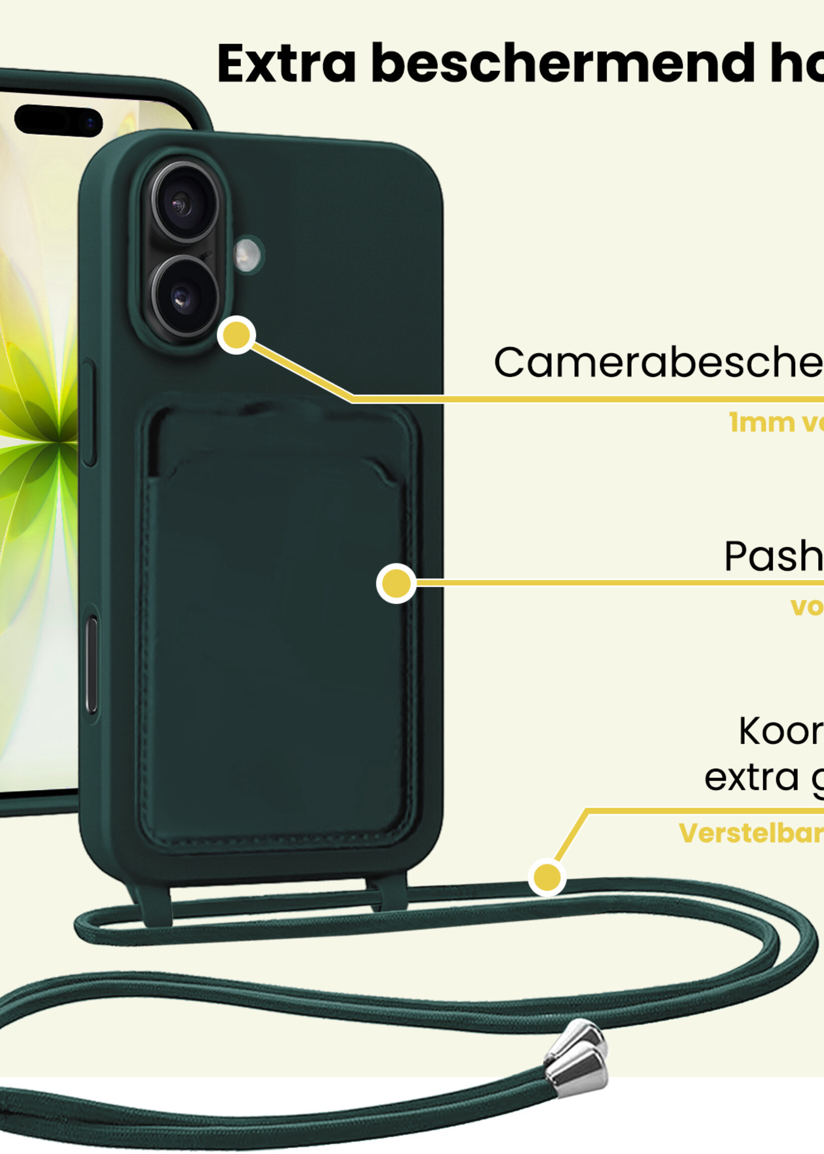 LUQ LUQ iPhone 17 Hoesje Pashouder met Koord Met 2x Screenprotector - Donkergroen