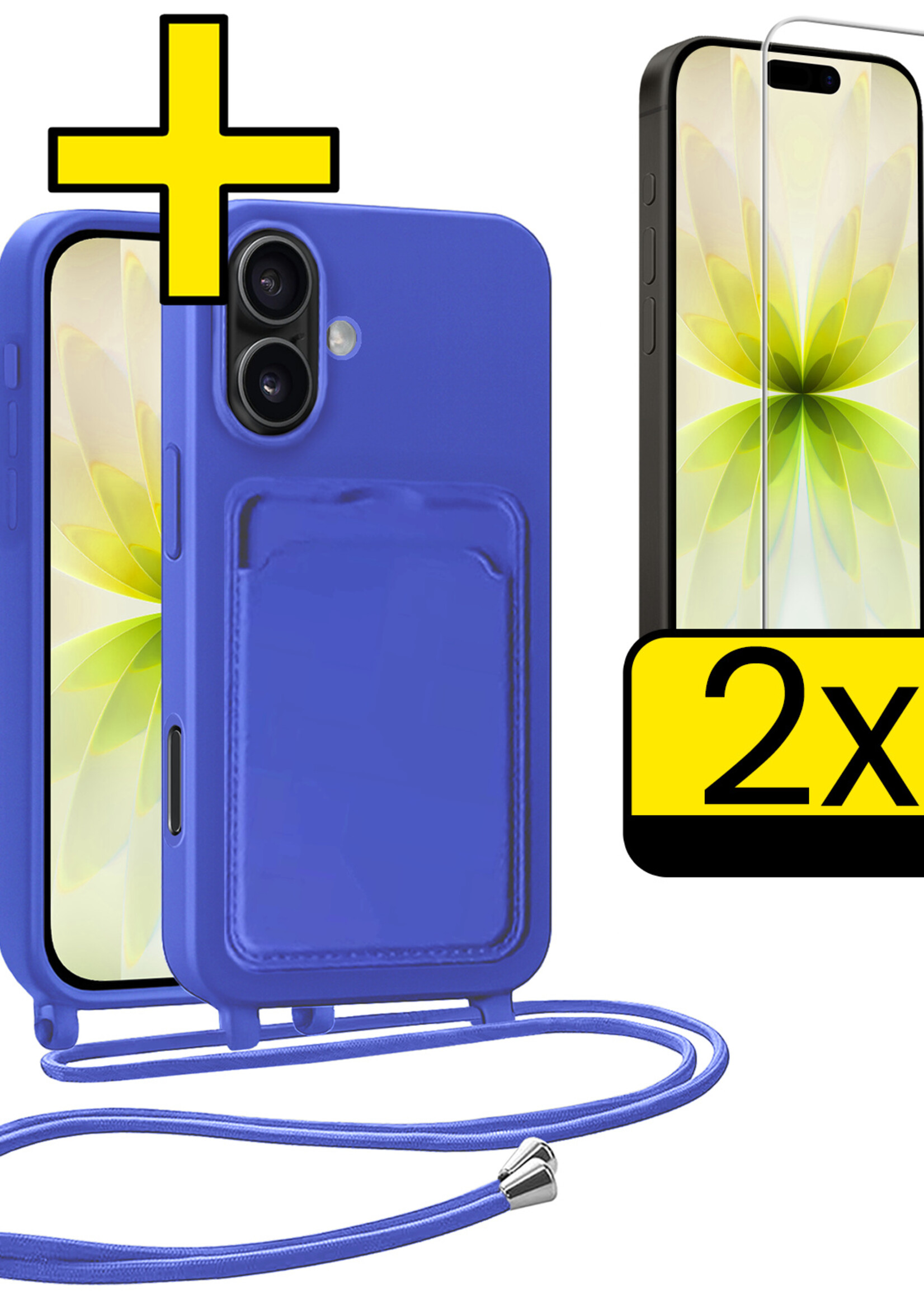 LUQ LUQ iPhone 17 Hoesje Pashouder met Koord Met 2x Screenprotector - Fel Blauw