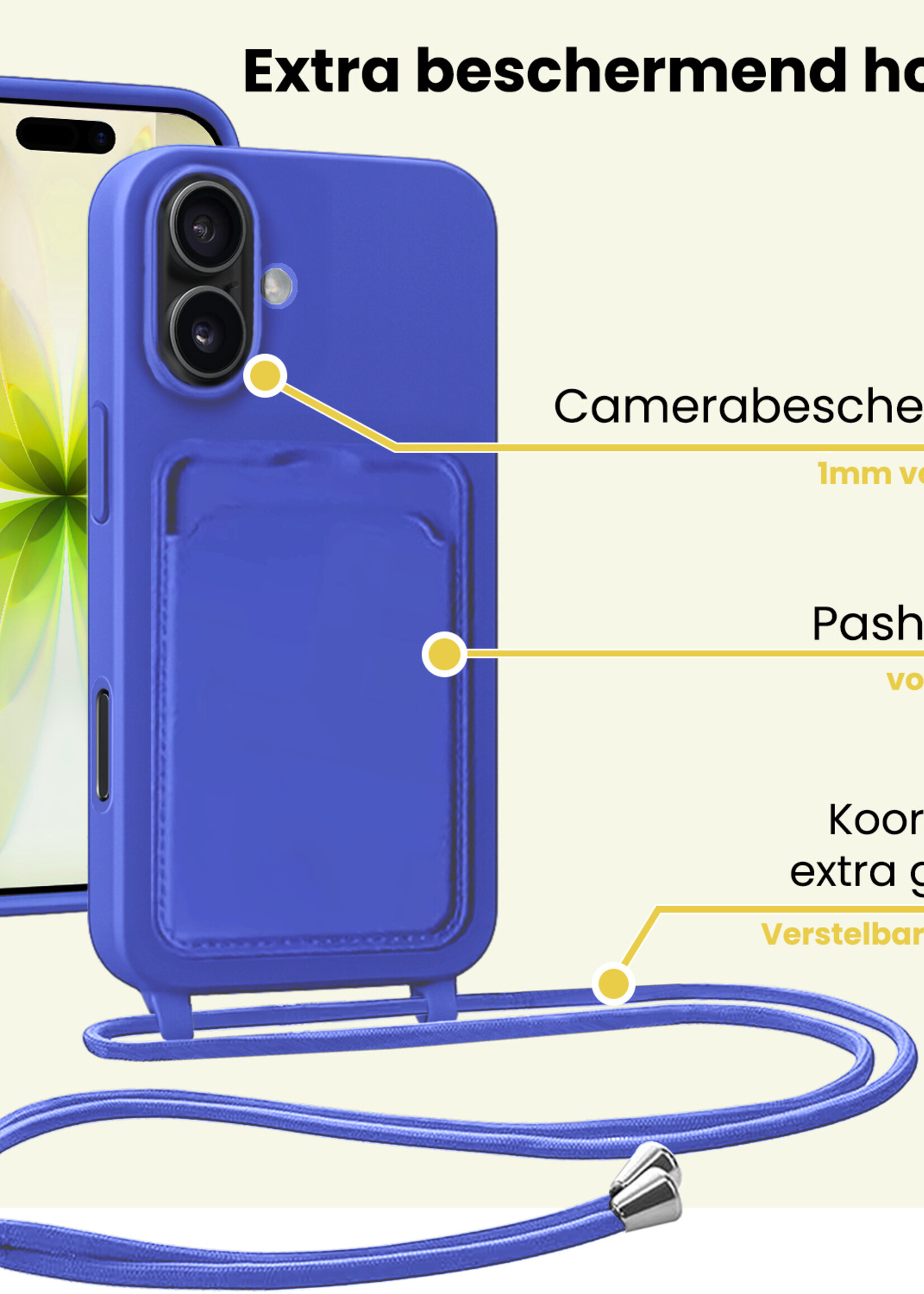 LUQ LUQ iPhone 17 Hoesje Pashouder met Koord Met 2x Screenprotector - Fel Blauw