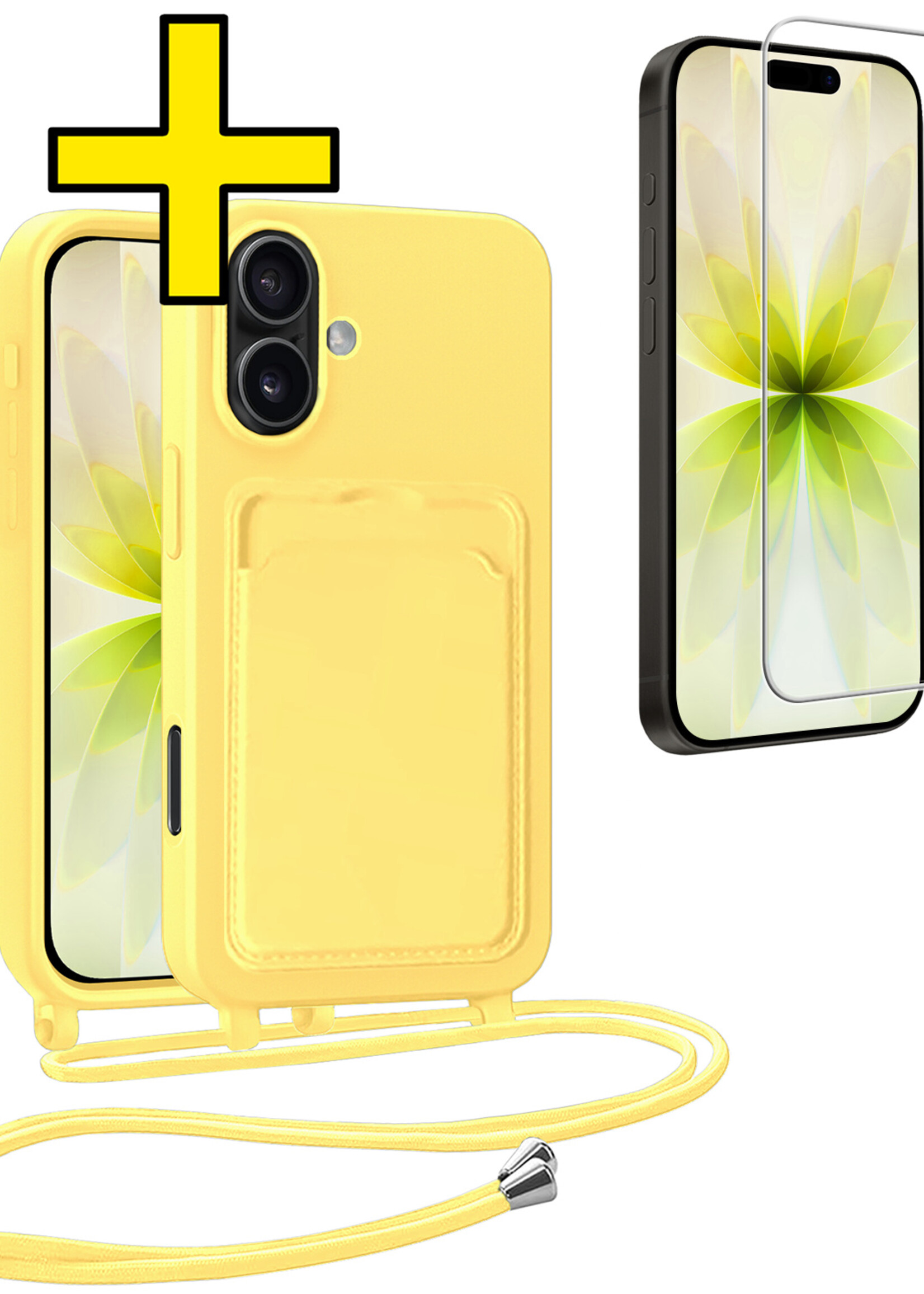 LUQ LUQ iPhone 17 Hoesje Pashouder met Koord Met Screenprotector - Geel